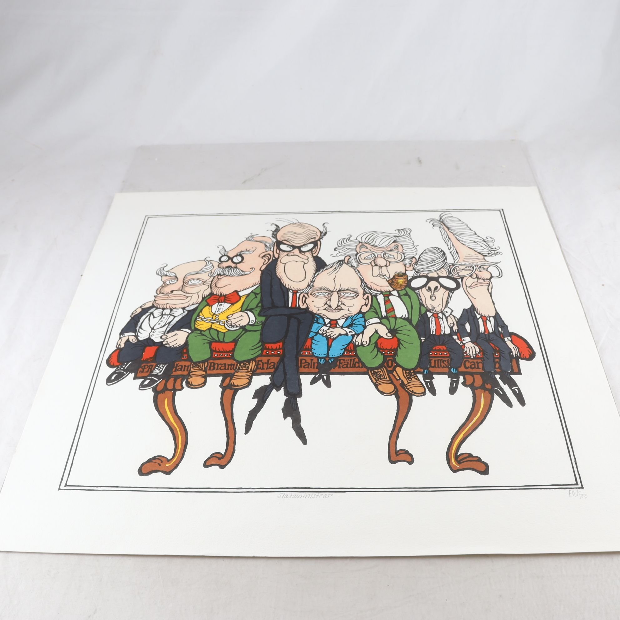 Färglitografi, Statsministrar, Ewert Karlsson, (1918-2004), 1989. Samfraktas ej