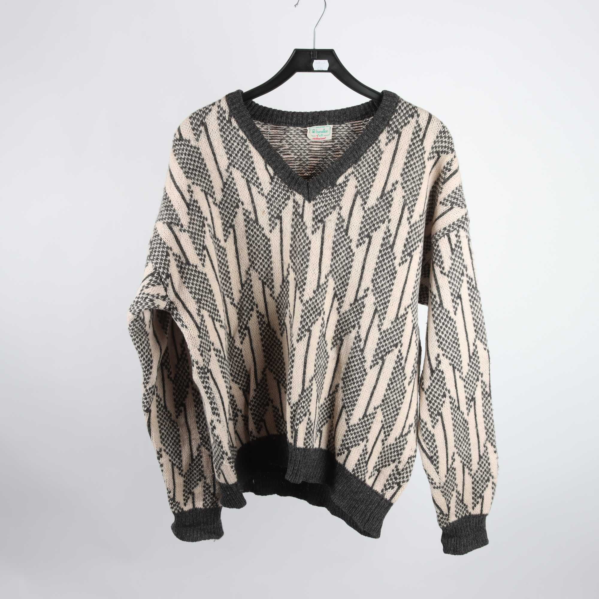 Tröja, Benetton, vit, grå, ull, stl. ca. L/XL.