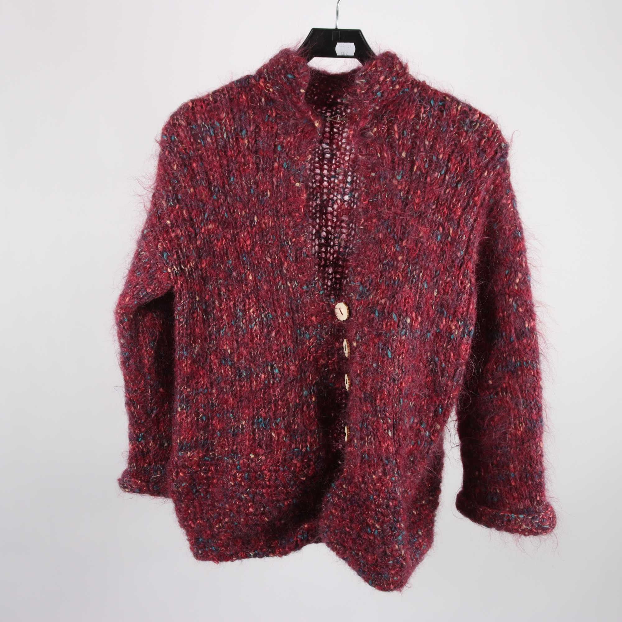 Kofta, Okänd, vinröd, turkos, ull, mohair, stl. ca. L.