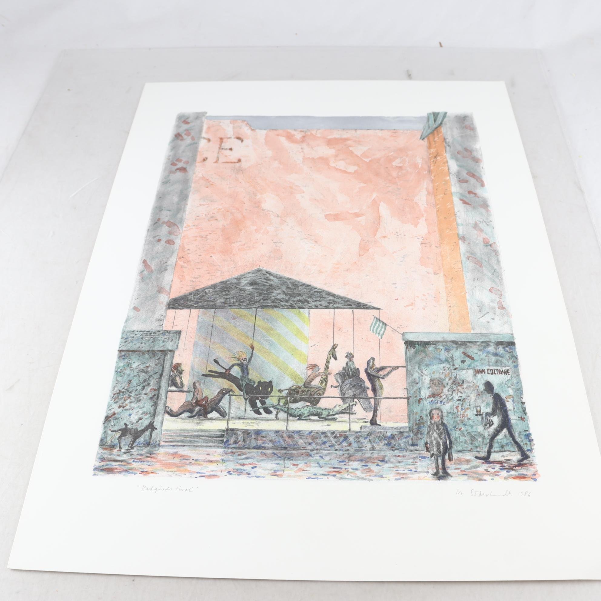 Färglitografi Bakgårdstivoli, Michael Söderlundh, sign,1986. Endast avhämtning.