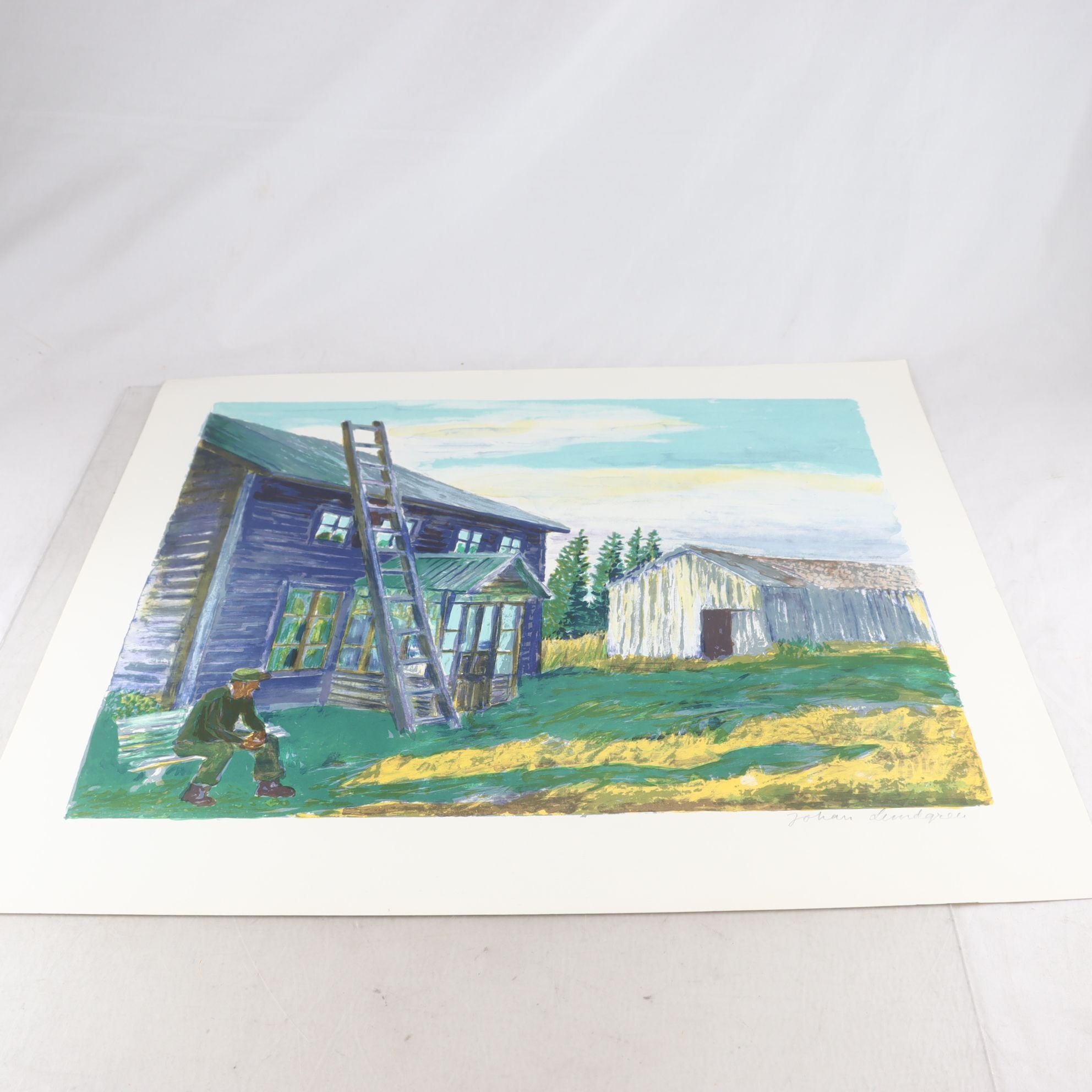 Färglitografi, oinramad, Gård, Johan Lundgren, signerad. Endast avhämtning.