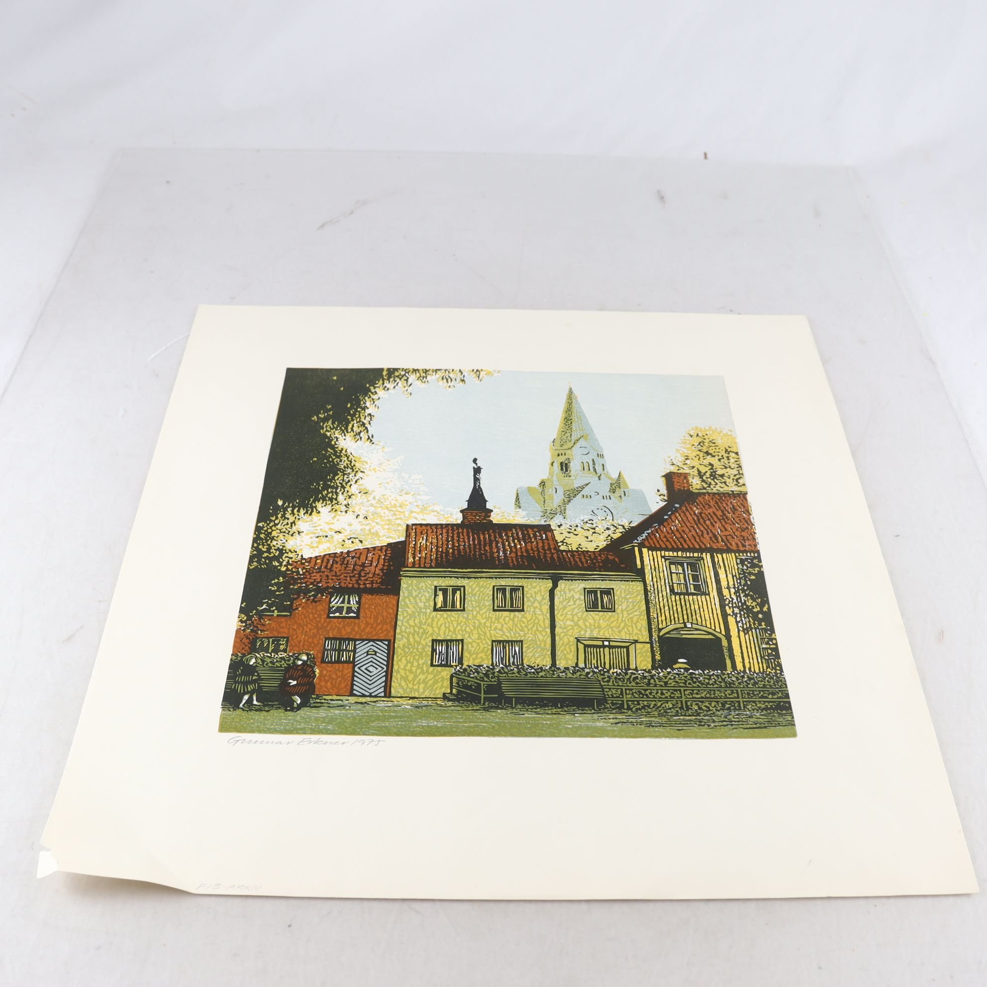 Färgträsnitt, Nytorget, Gunnar Erkner, (f. 1929), signerad, 1975. Samfraktas ej.