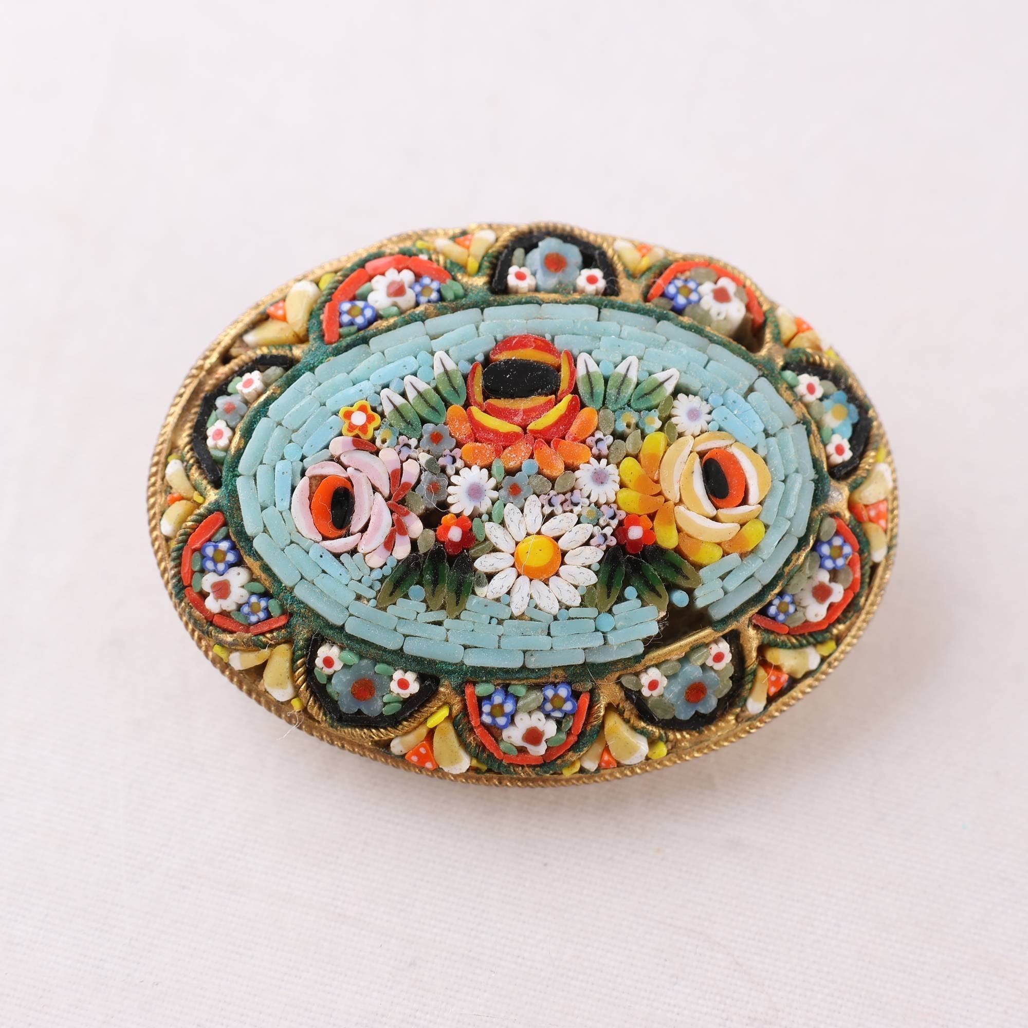 Brosch, mikromosaik, Italien, turkos, vintage