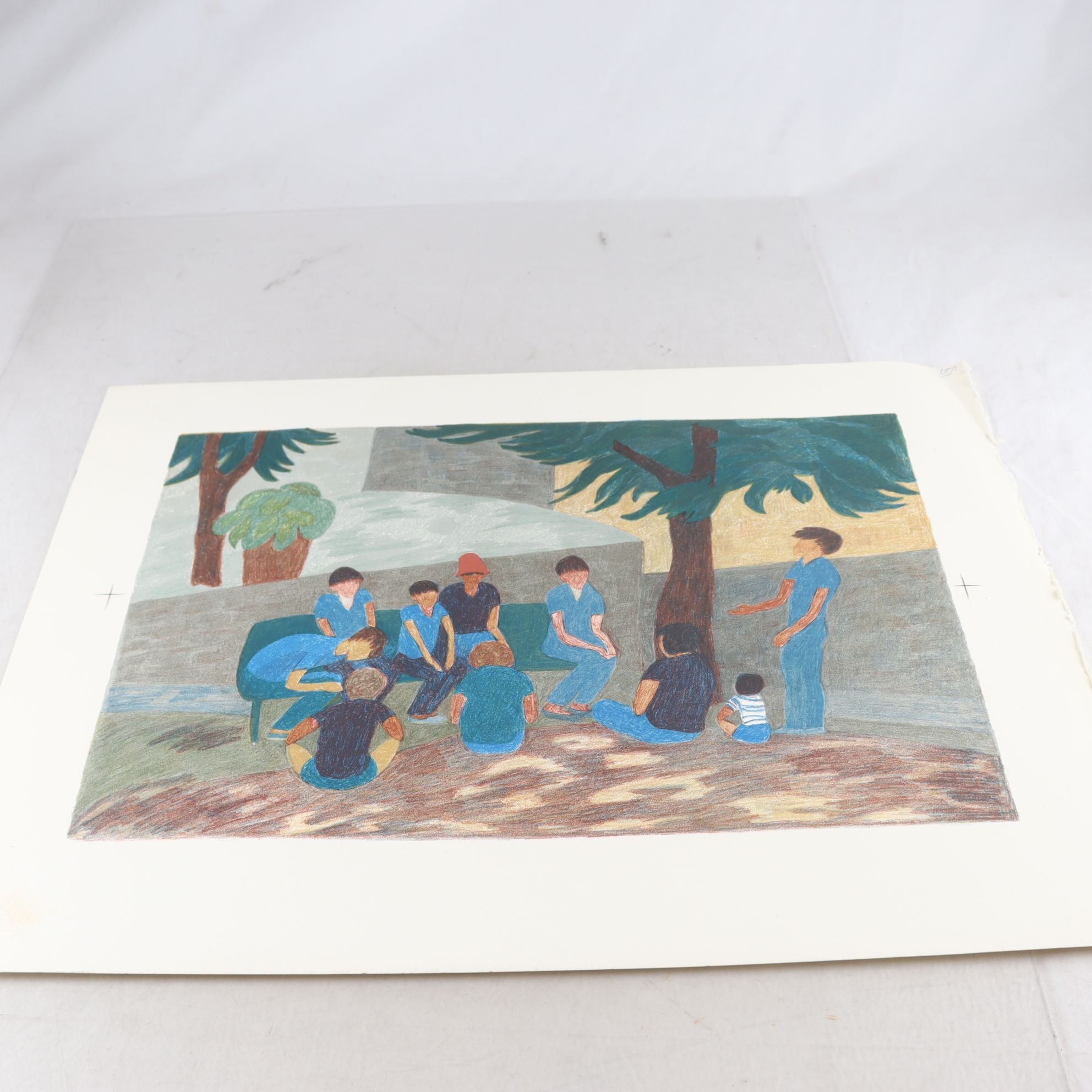 Färglitografi, Folksamling under träd, Catharina Nilsson, osign. Endast avhämtn.