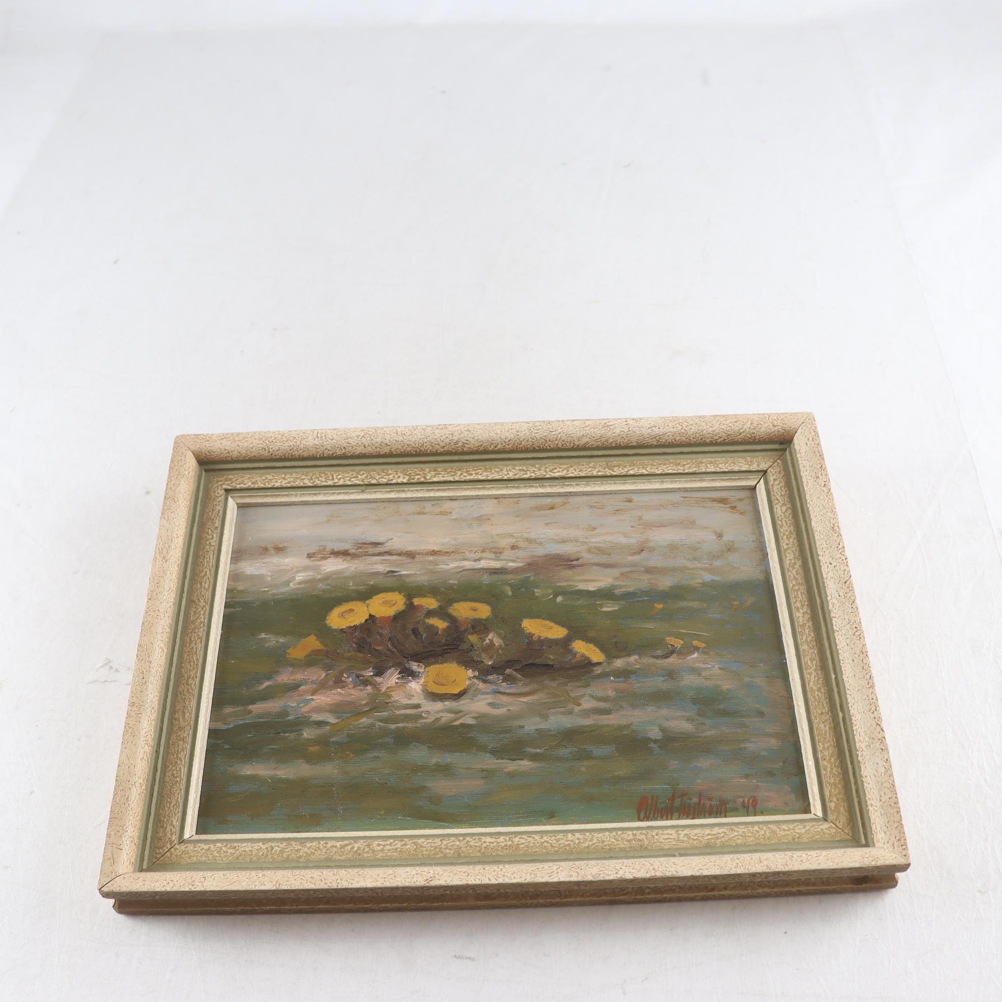 Olja på pannå, Tussilago, signerad Albert Fröström, 1949.