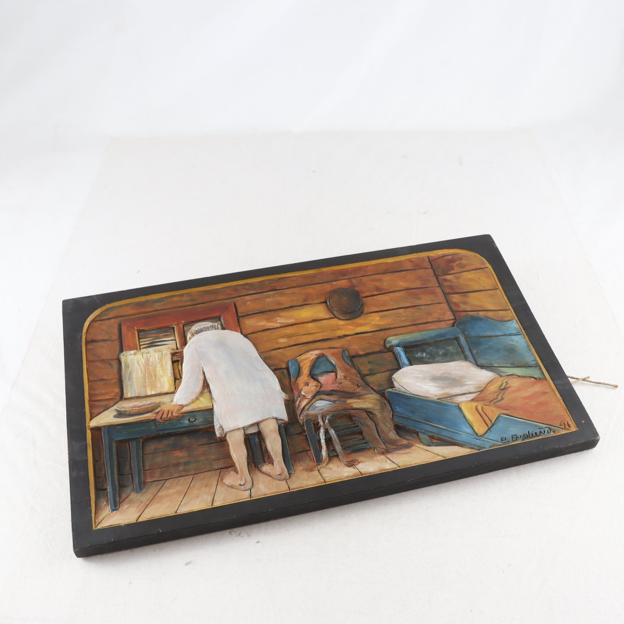 Trätavla, snidad, bemålad, Emanuel Englund, (1899-1967), signerad. Samfraktas ej