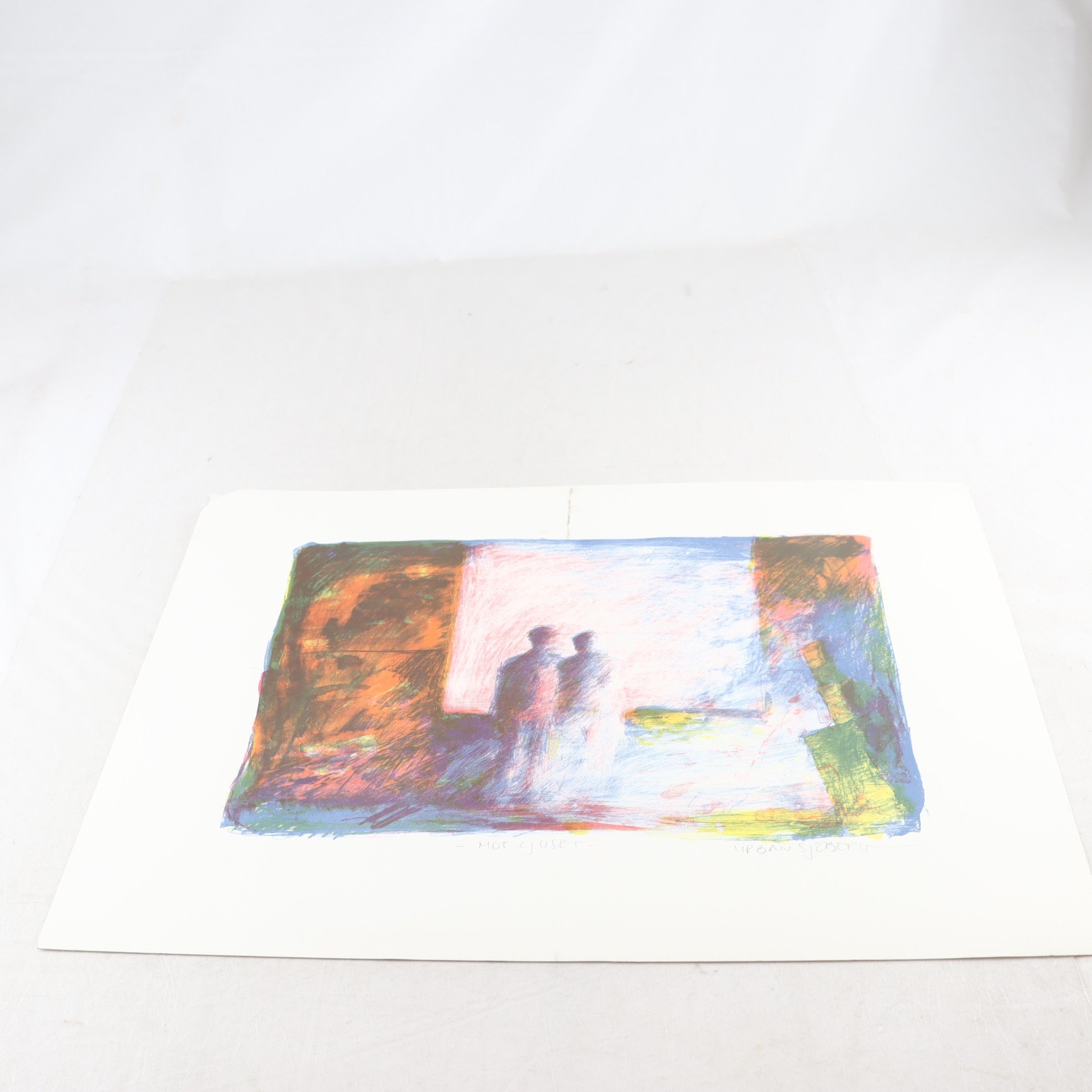 Färglitografi, oramad, Mot ljuset, Urban Sjöberg, (f. 1945). Samfraktas ej.