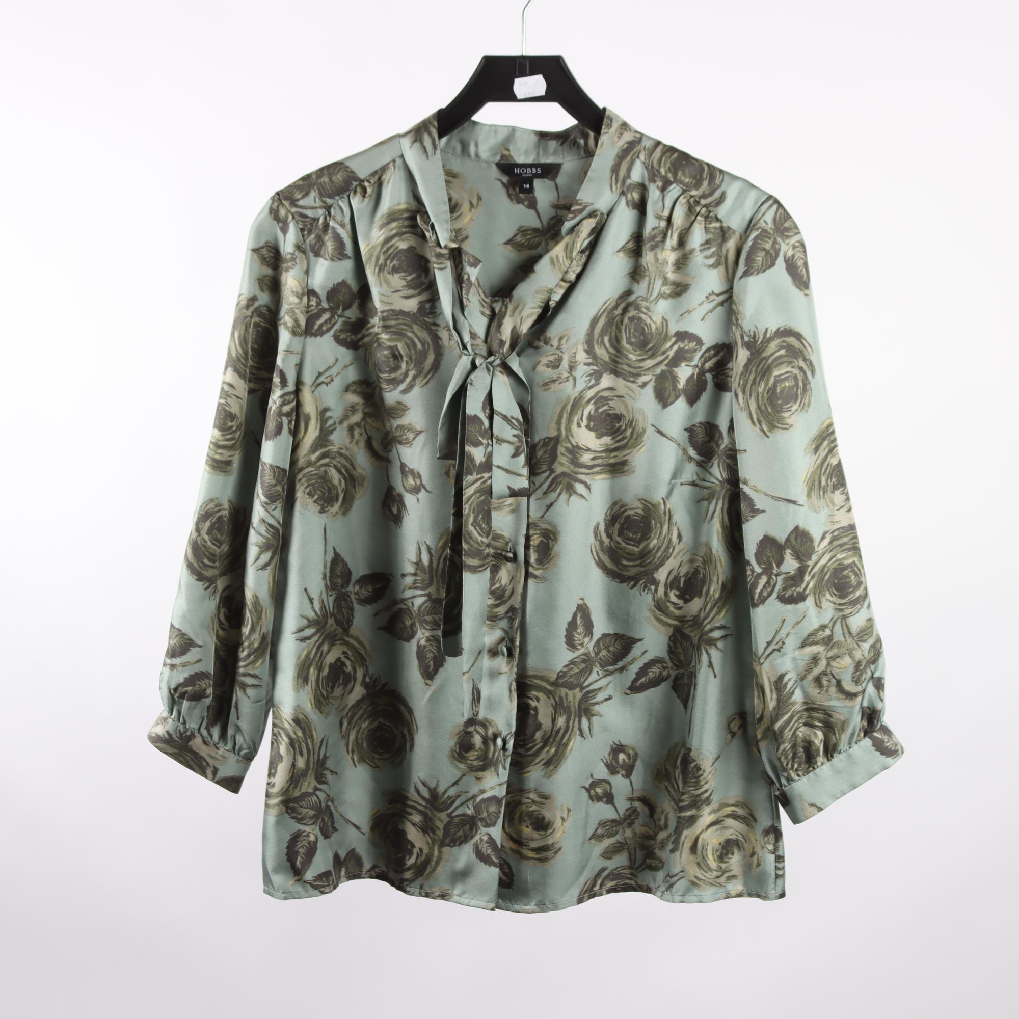 Knytblus, Hobbs, mönstrad, grön, 100% silke, stl. 38/40.