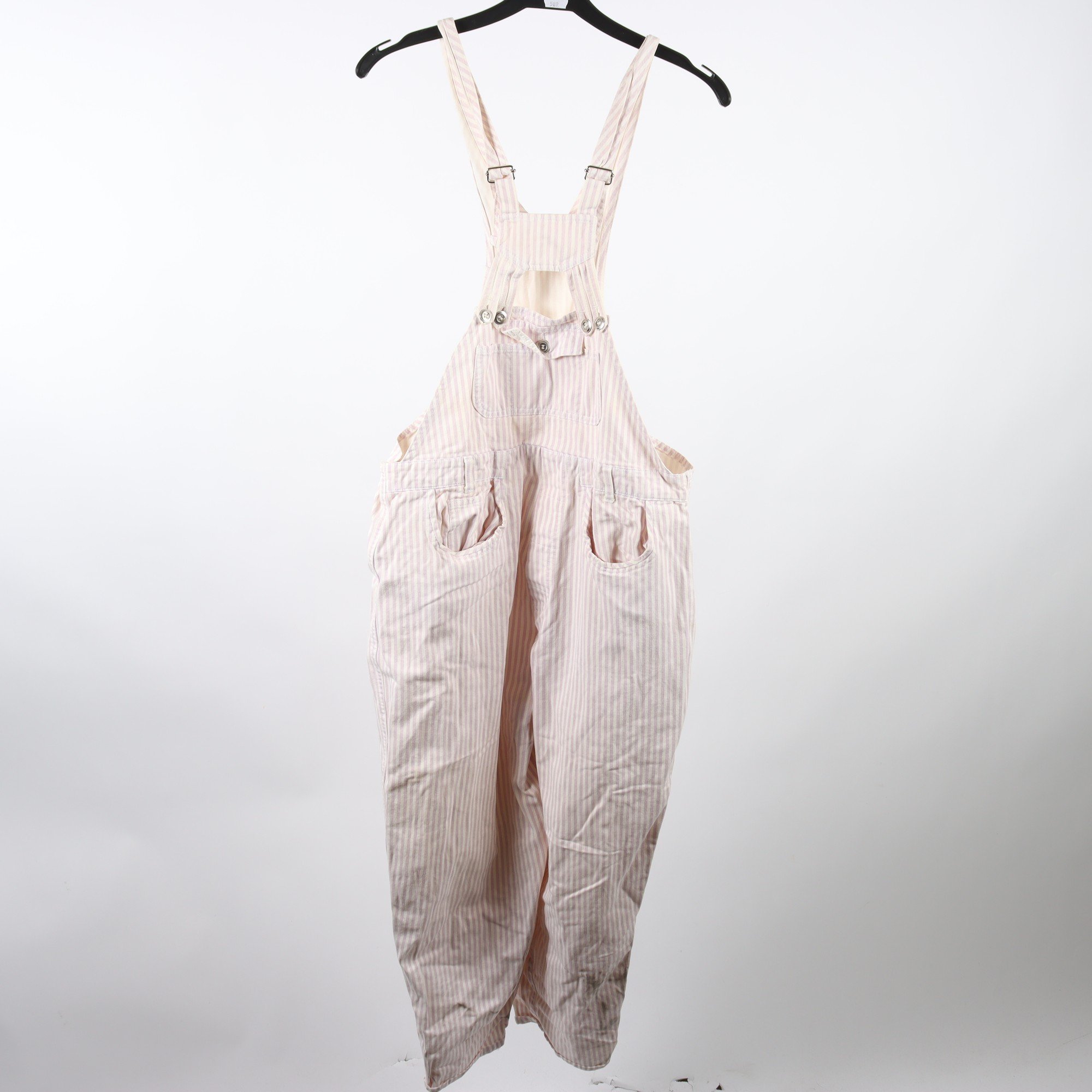 Hängselbyxor, Yin o Yang, randig, vit, rosa, retro, stl. M.