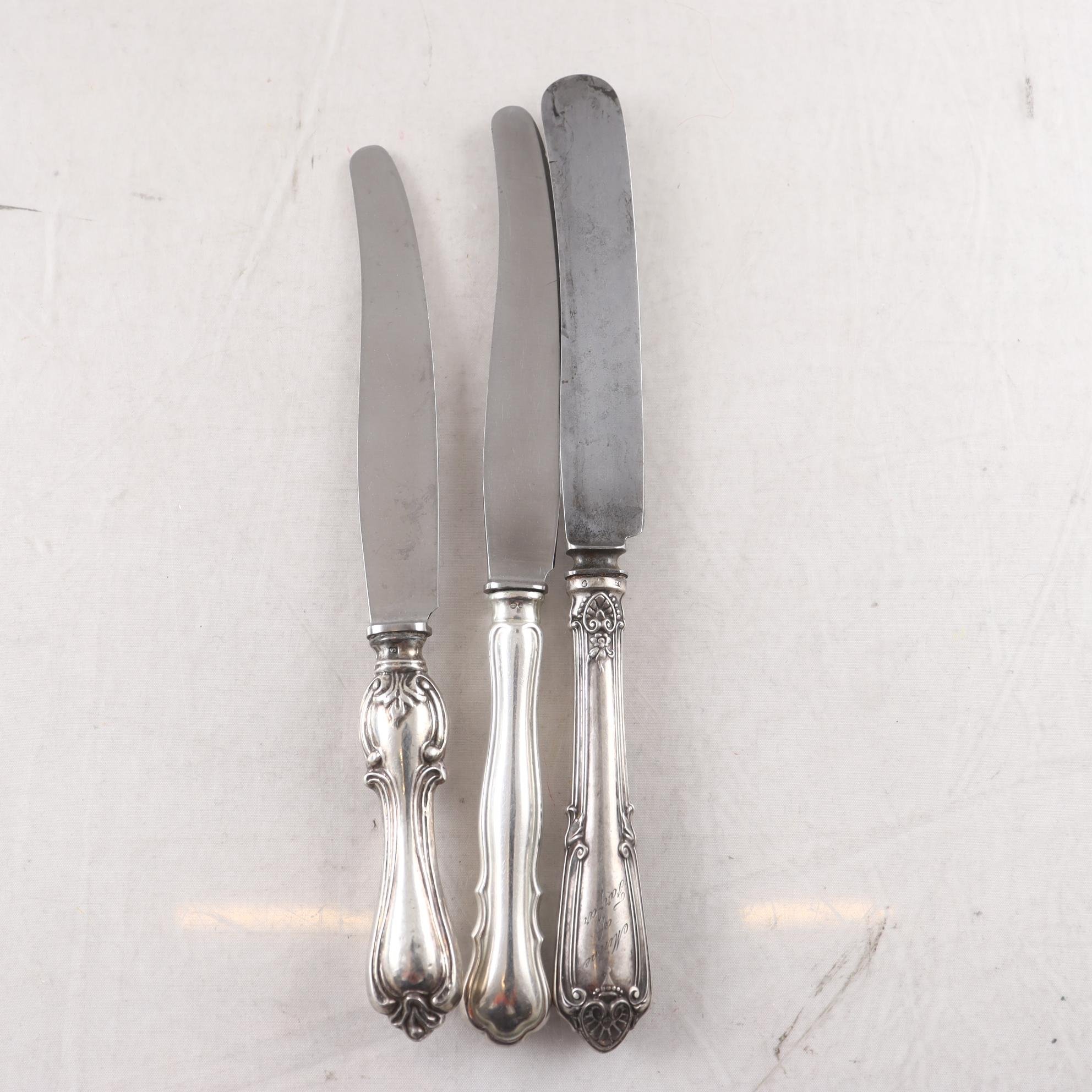 Bestick, skaft i silver, blad i rostfritt stål, Eskilstuna Jernbolag, 3 st