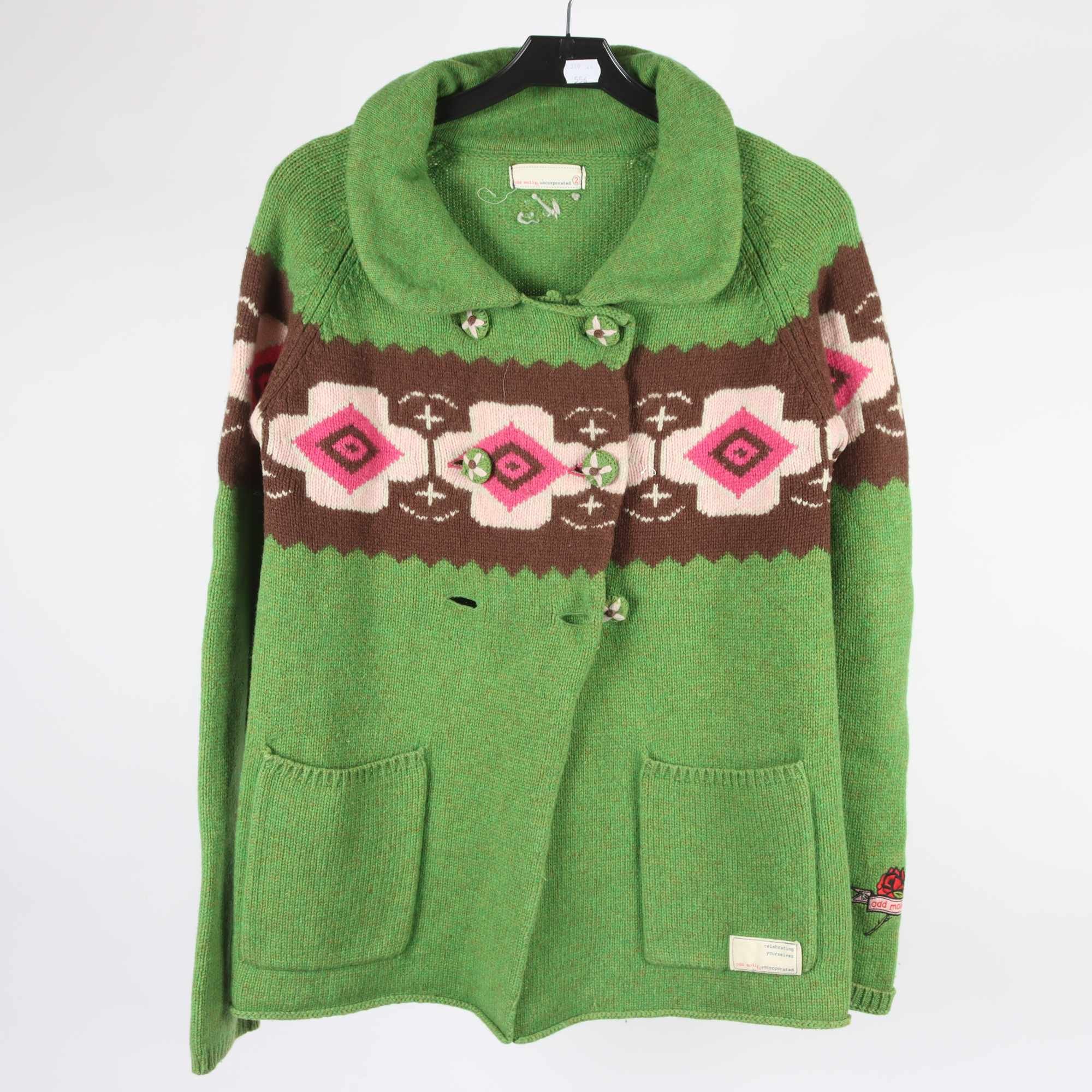 Kofta, Odd Molly, grön, rosa, lammull, stl. M.