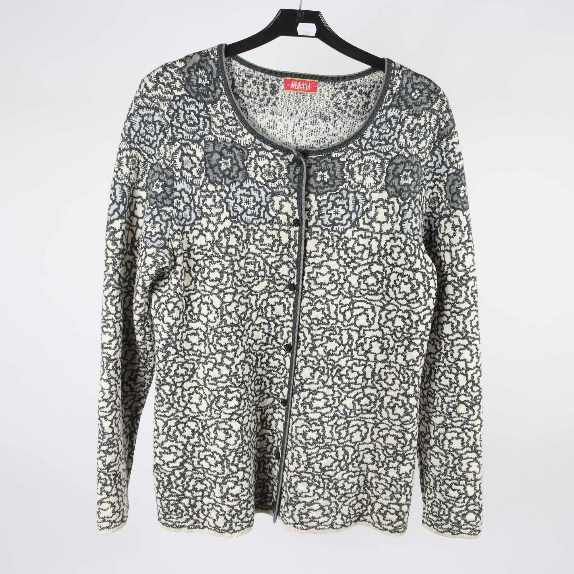 Kofta, Oleana, grå, lila, vit, ull, silke, stl. L.