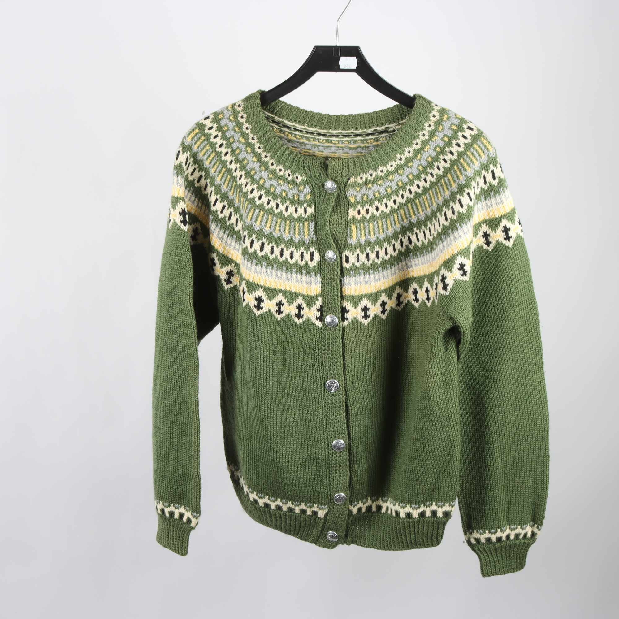 Stickad kofta, Okänd,grön, mönstrad, stl ca. S/M