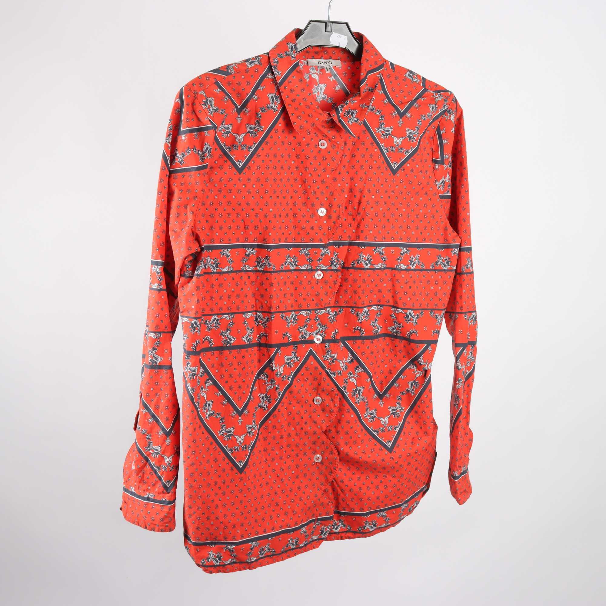 Blus, Ganni, orangeröd, mönstrad, stl. 38