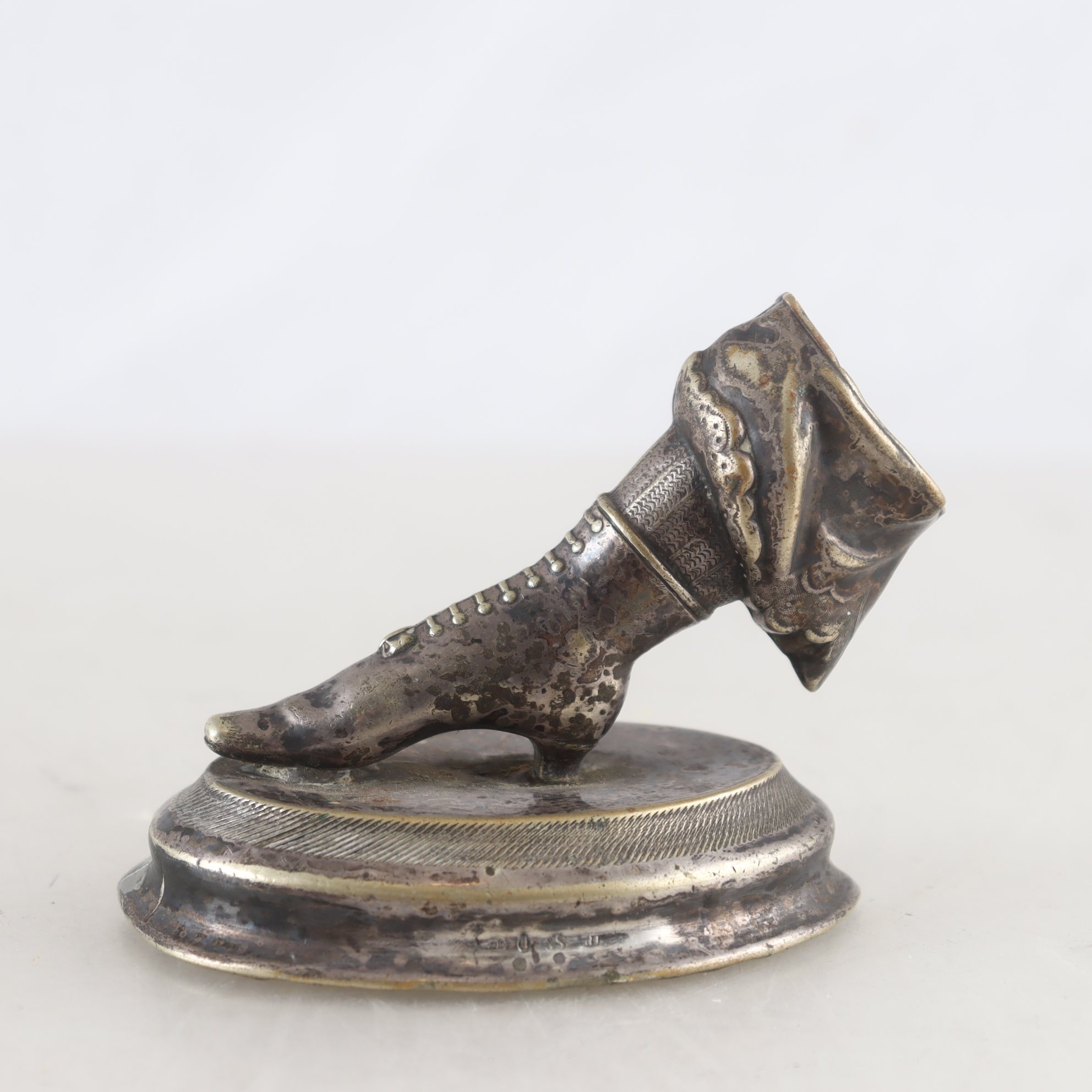 Tändstickshållare, sko, silver, slitna stämplar, Stockholm, 1700-talets slut