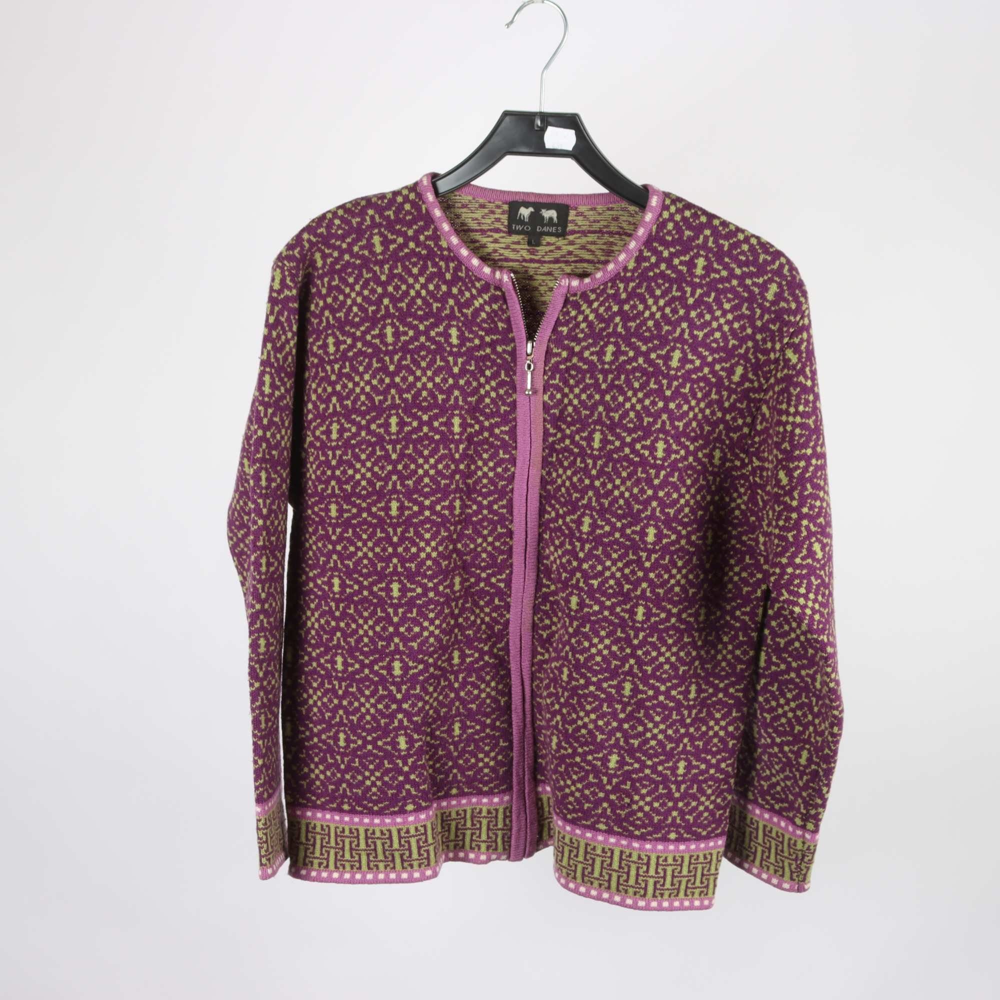 Kofta, Two Danes, lila, grön, lammull, stl. L.