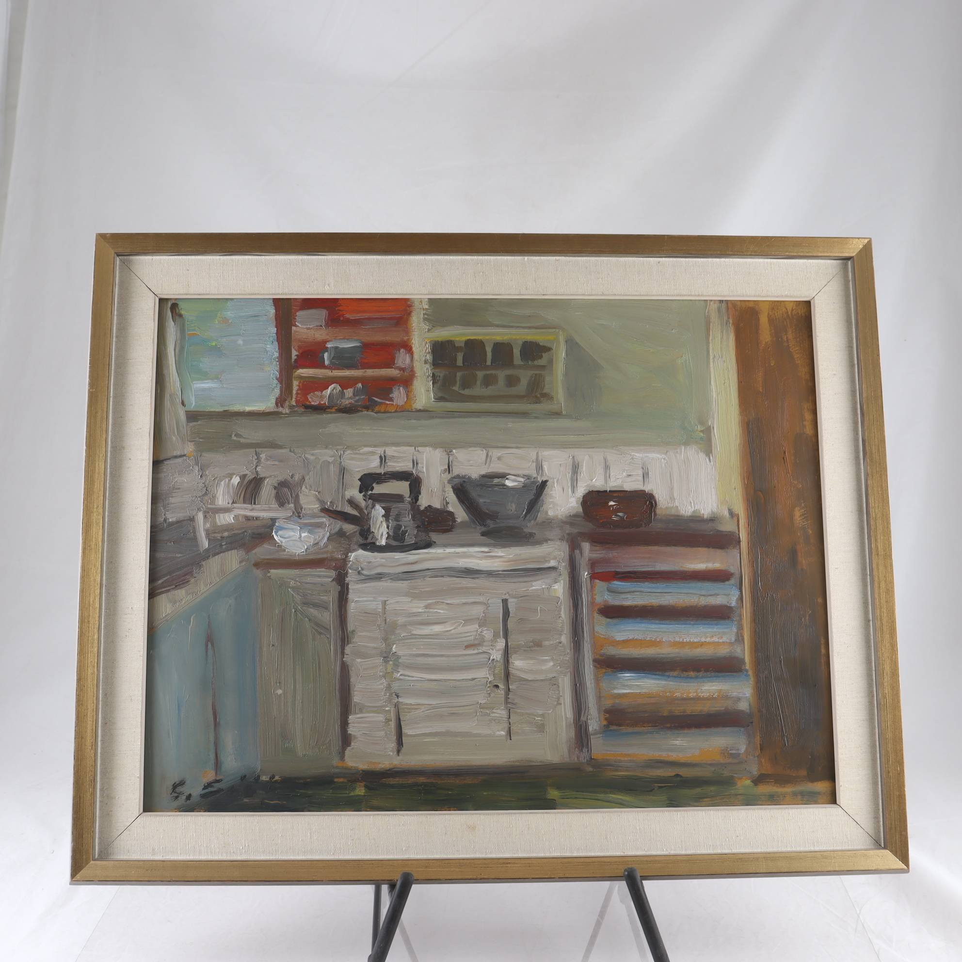 Olja på pannå, interiör, Gustaf Sjöö, (1902-1969), signerad. Endast avhämtning.