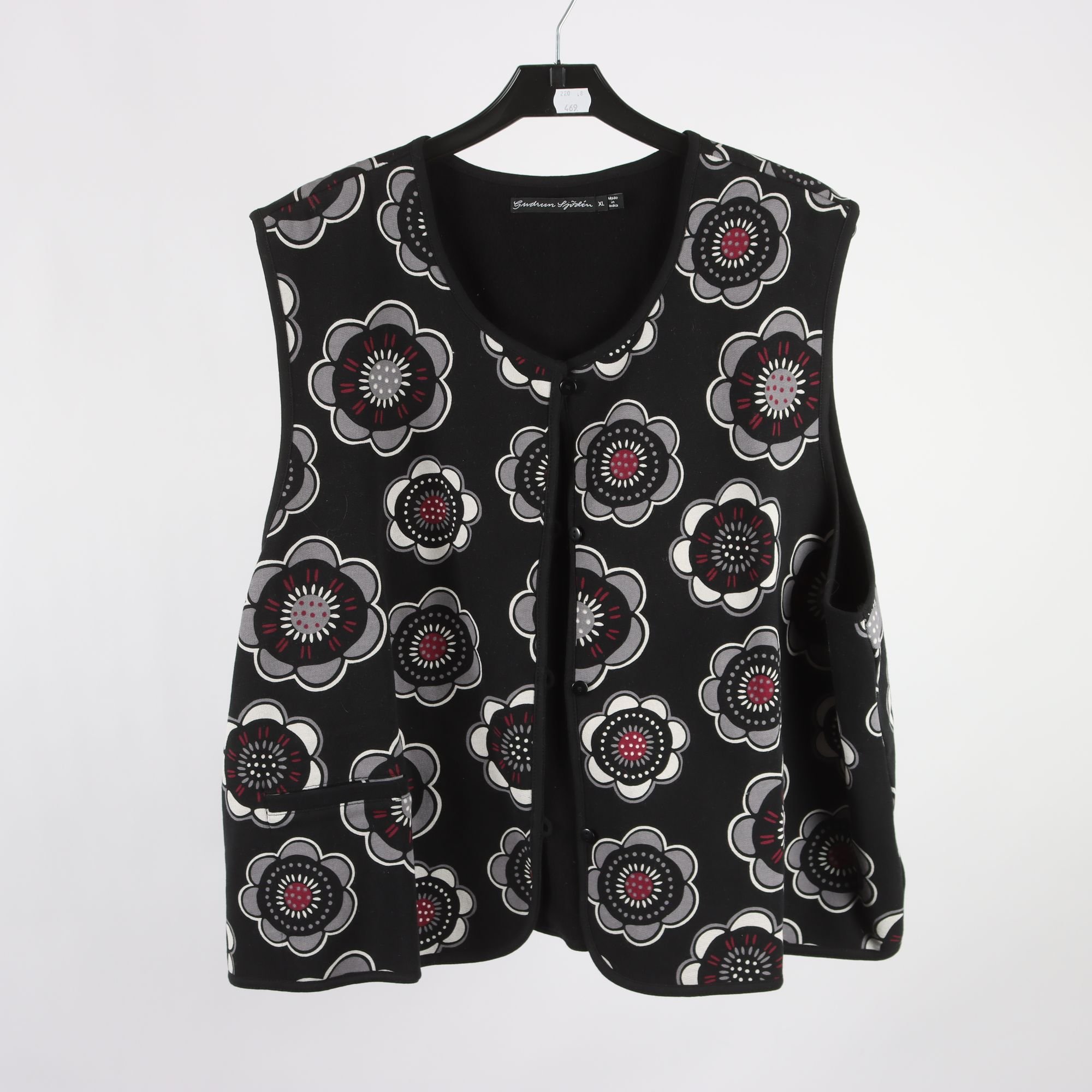 Väst, Gudrun Sjödén, blommig, svart, vinröd, stl. XL.