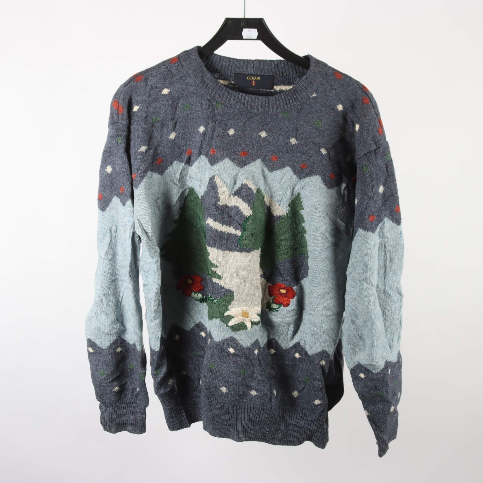 Tröja, Gerani, blå, grön, 100% ull, retro, stl. ca. L.