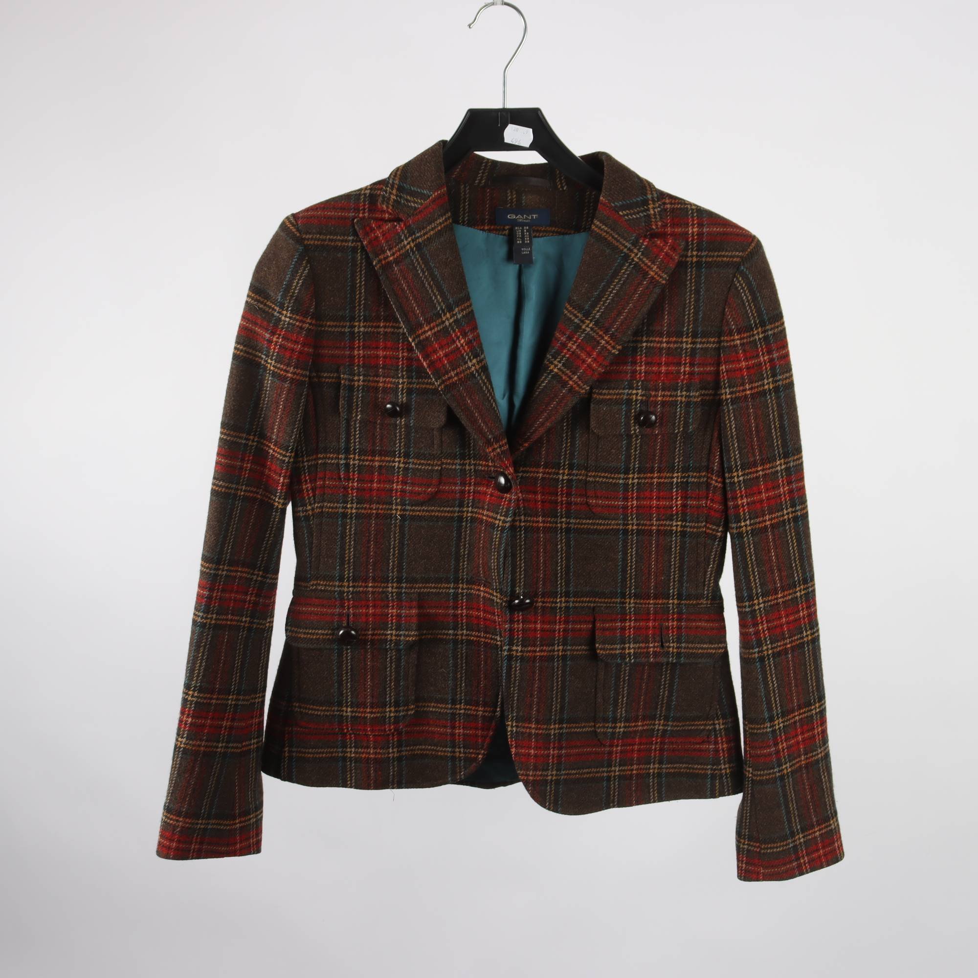 Kavaj, Gant, brun, röd, 100% ull, stl. 38.