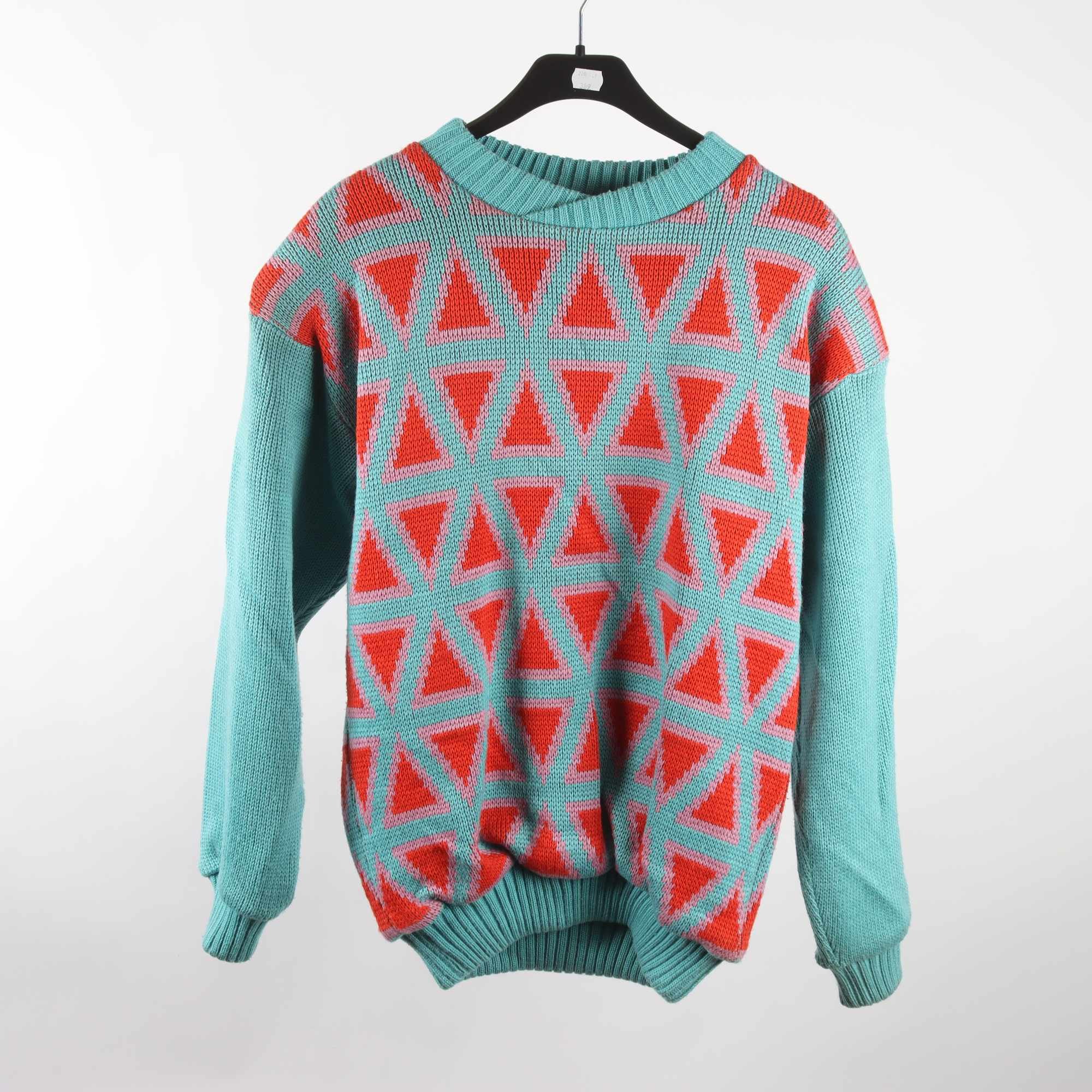 Tröja, Okänd, turkos, röd, retro, 50% ull, stl. M.