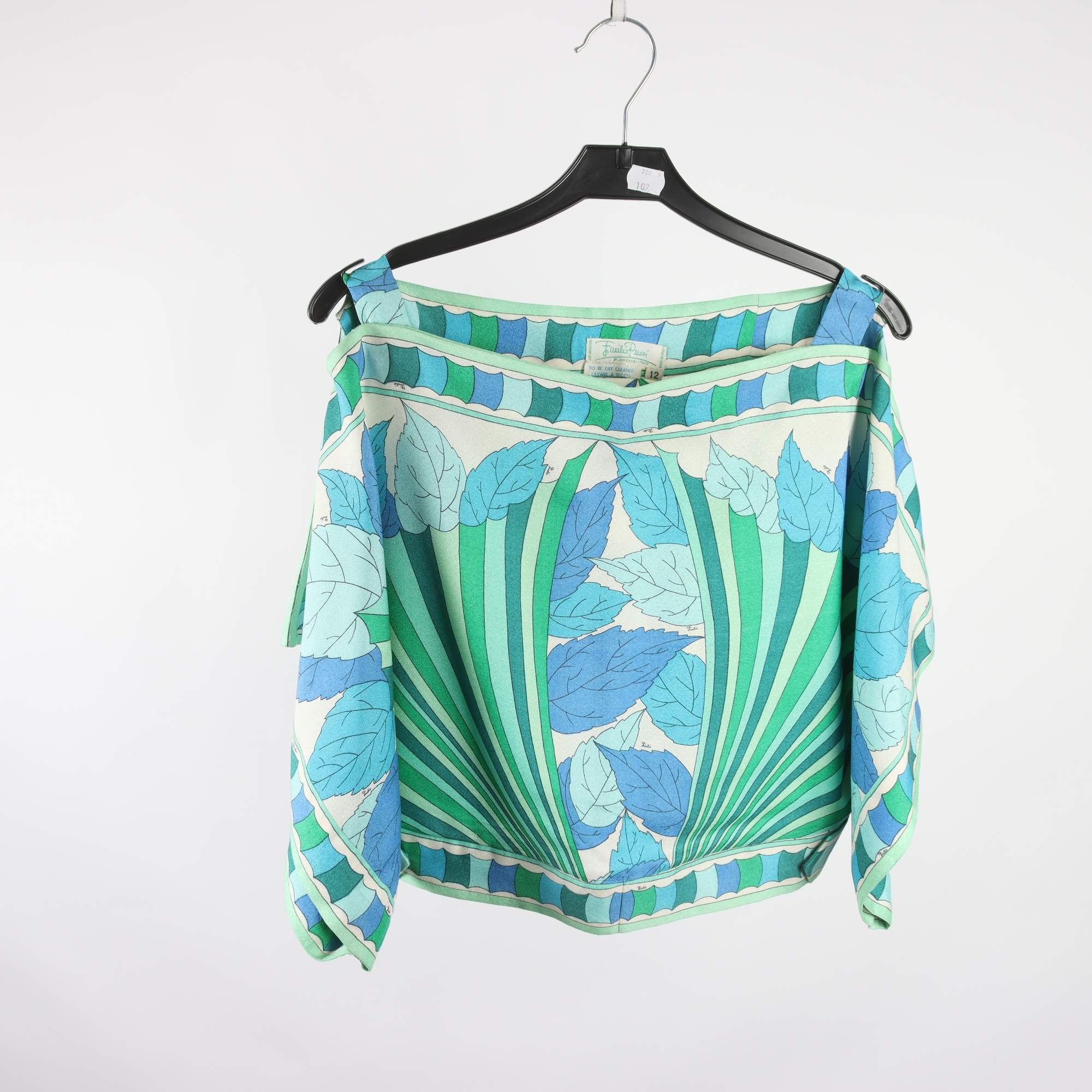 Blus, vintage, Emilio Pucci, blå, grön, mönstrad, silke, stl. 12 (M/L)