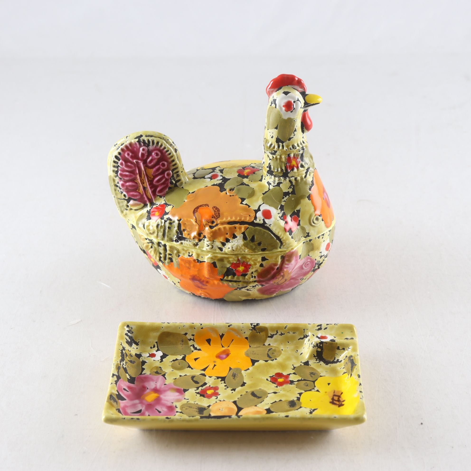 Äggömma & fat, tupp, porslin, Italien