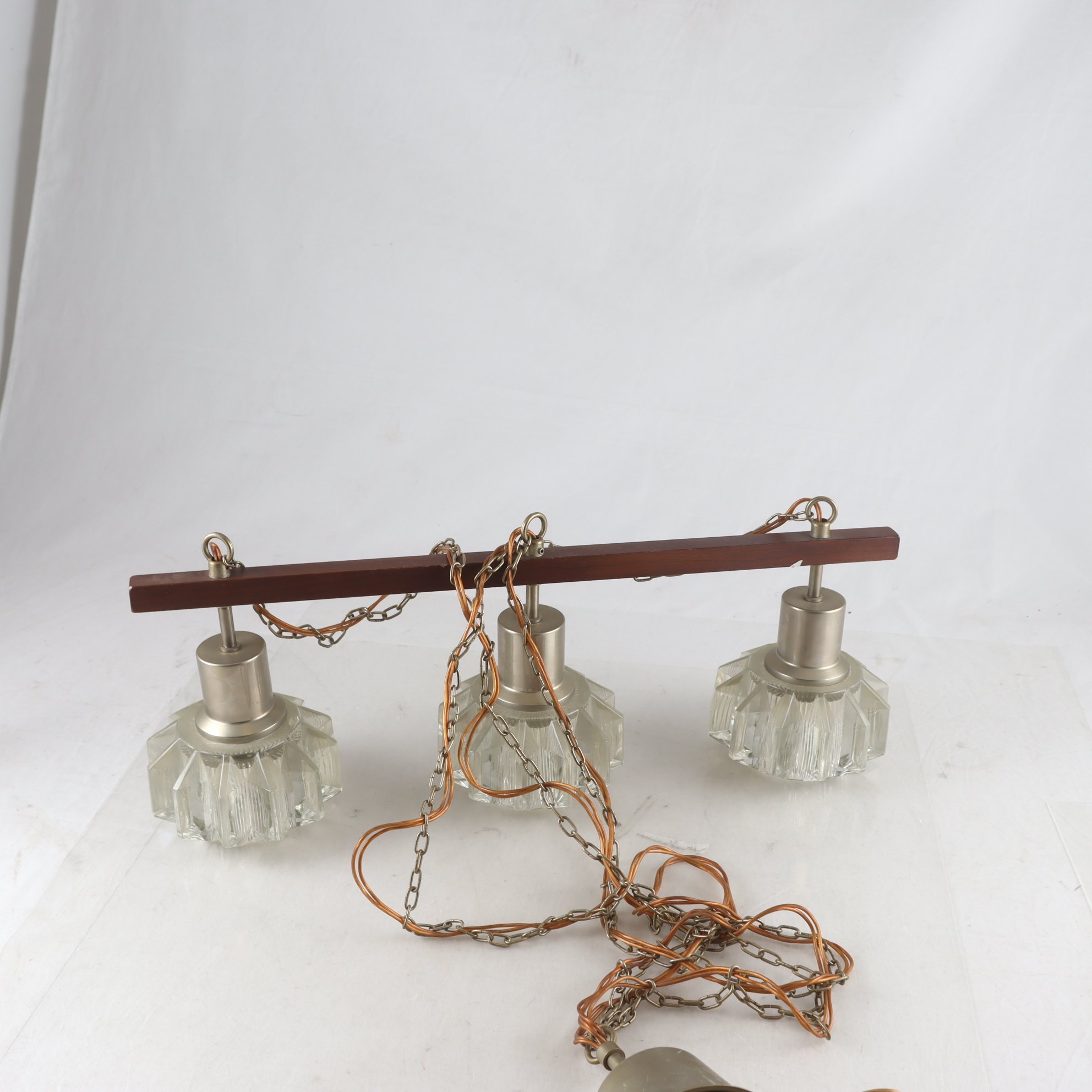 Taklampa, teak, glas, metall, 1950-60-tal. Endast avhämtning.