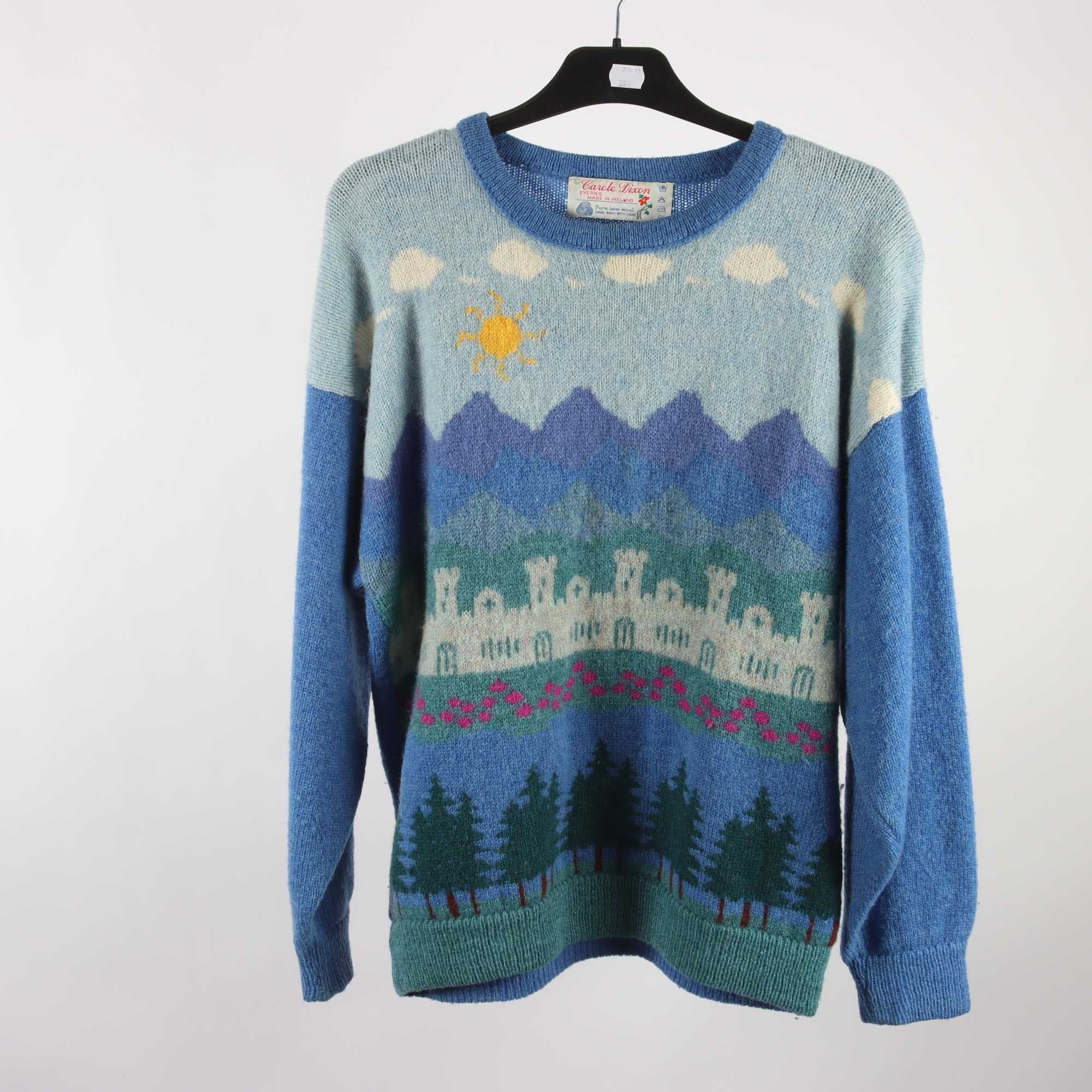 Tröja, Carole Dixon, Irland, blå, grön, 100% ull, stl. L.