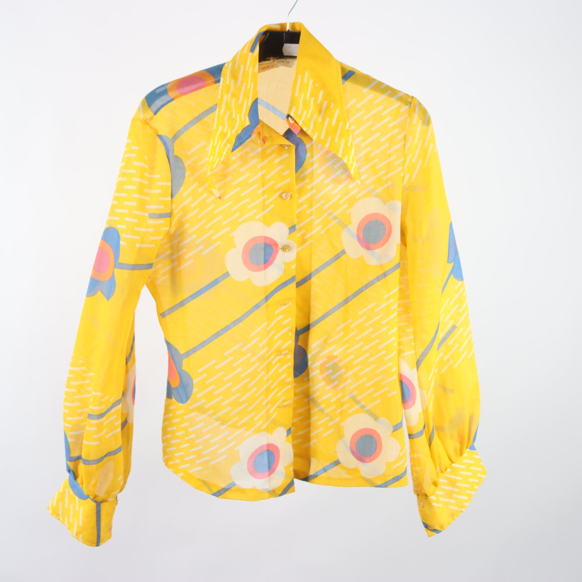 Blus, Dehå, blommig, gul, blå, retro, stl. 40.