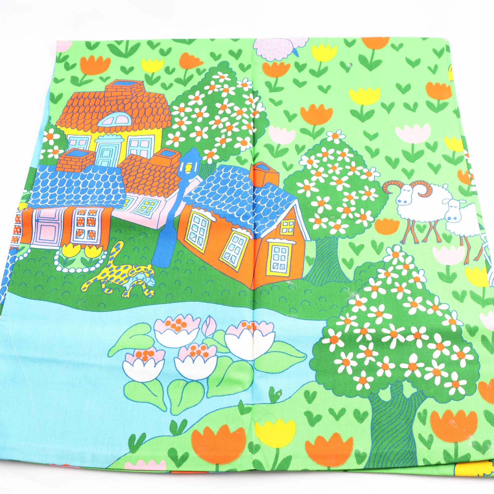 Tyg, Netterdag, bildmotiv, retro, blå, grön.