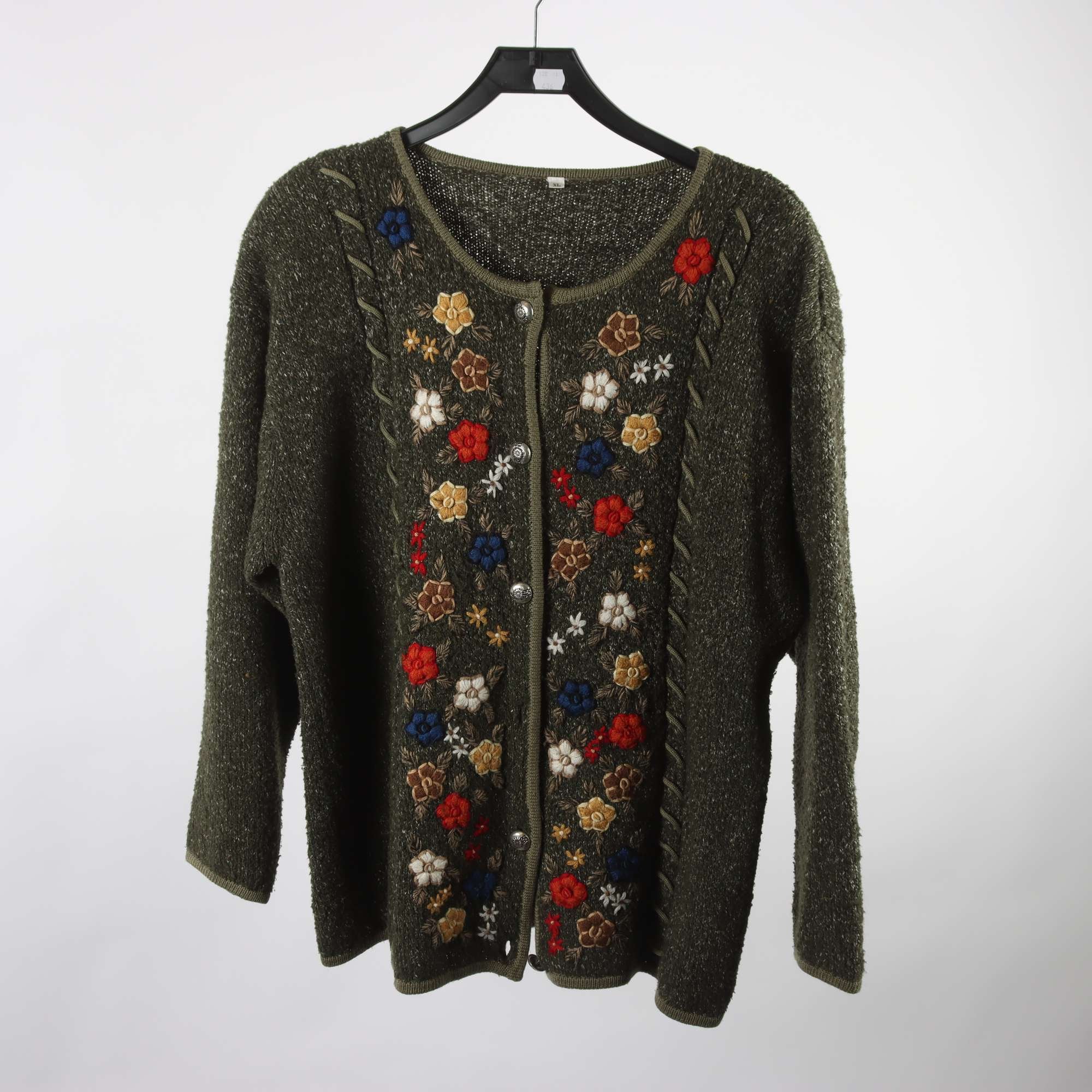 Kofta, Okänd, grön, broderad, ullmix, stl. XL.