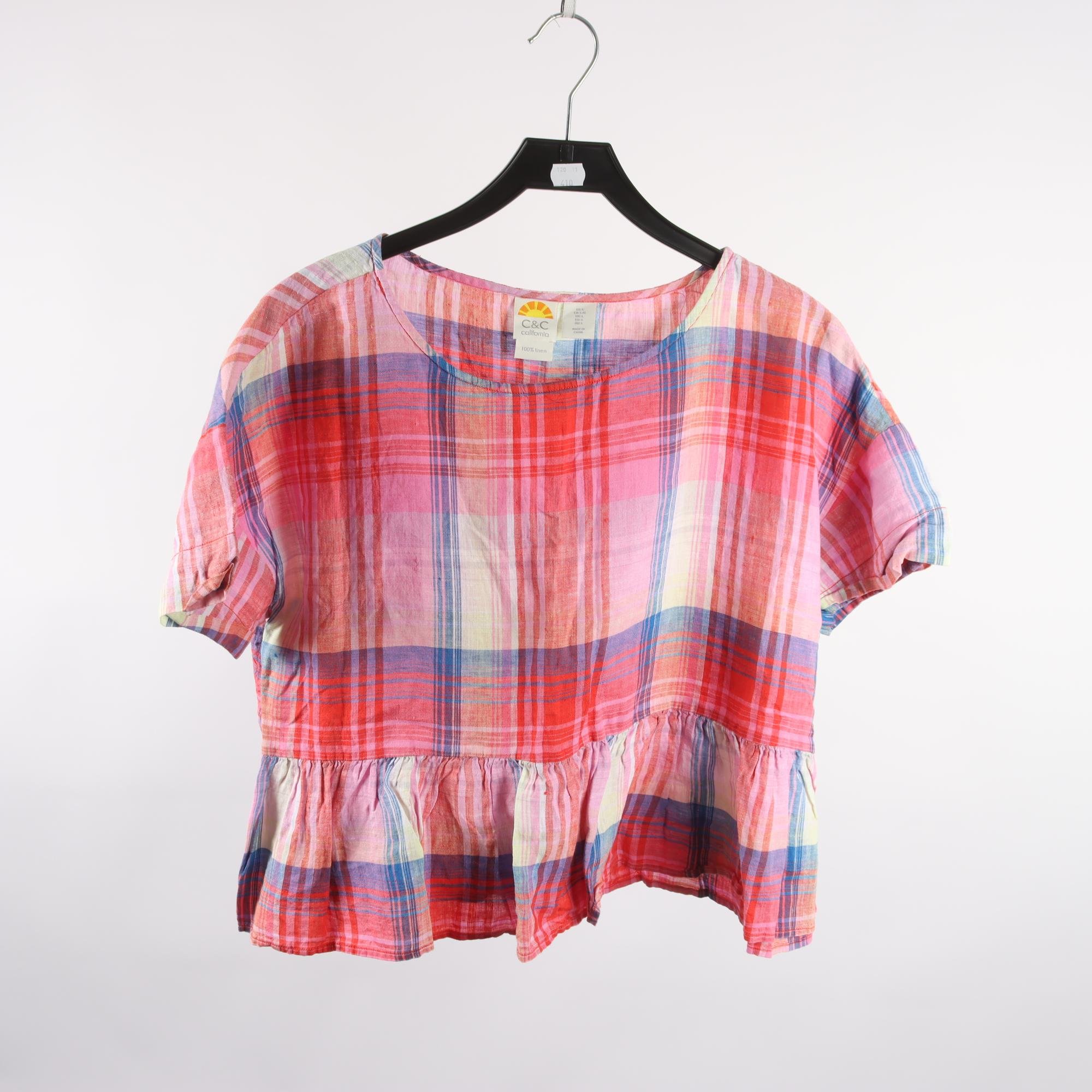 Blus, C & C California, rosa, blå, 100% lin, stl. L.