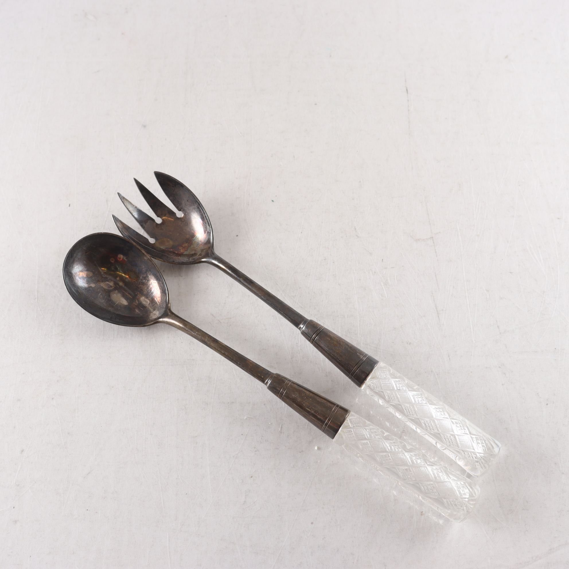 Salladsbestick, 1 par, nysilver med glashandtag, 1912