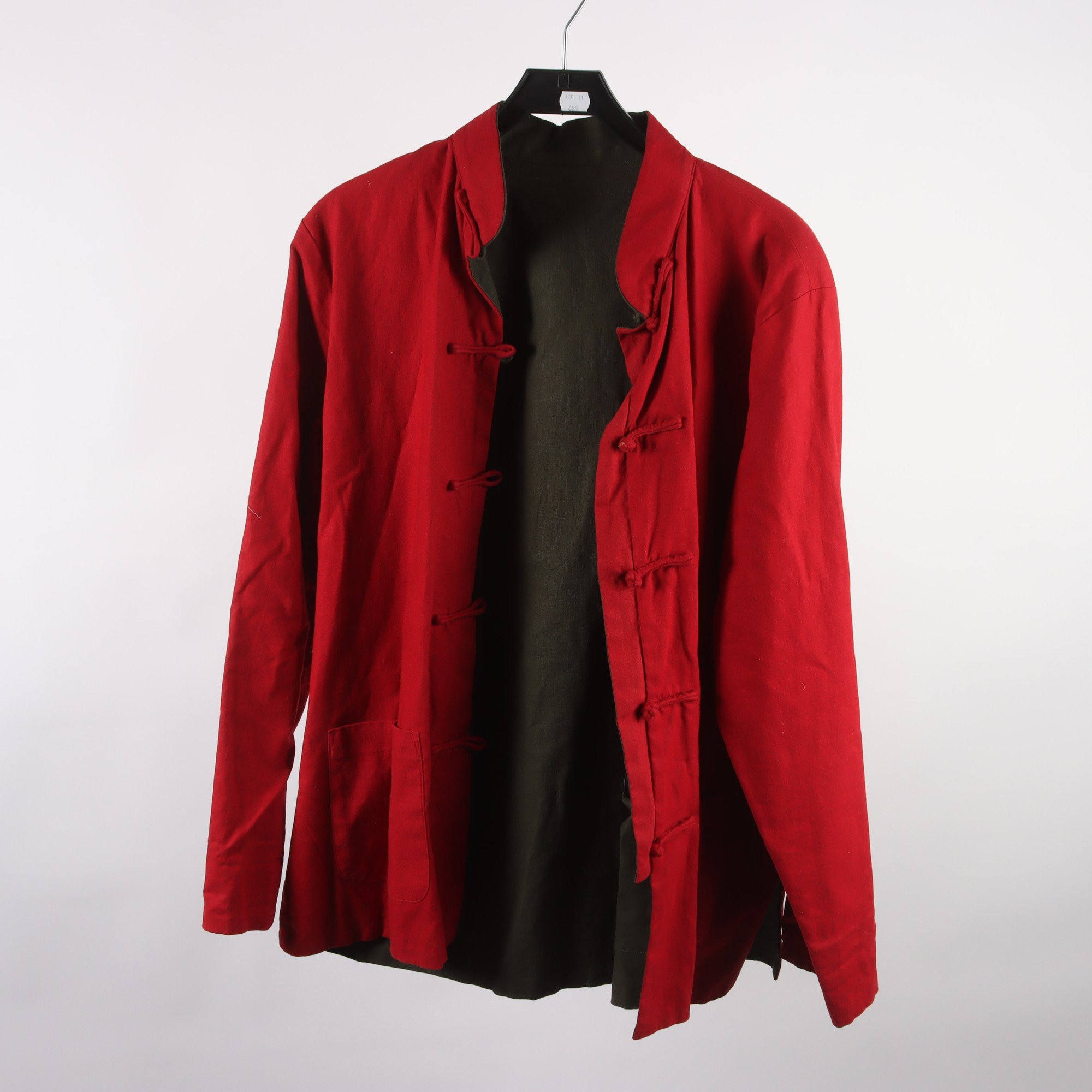 Jacka, Miniye, röd, grön, 100% lin, vändbar, stl. XL.