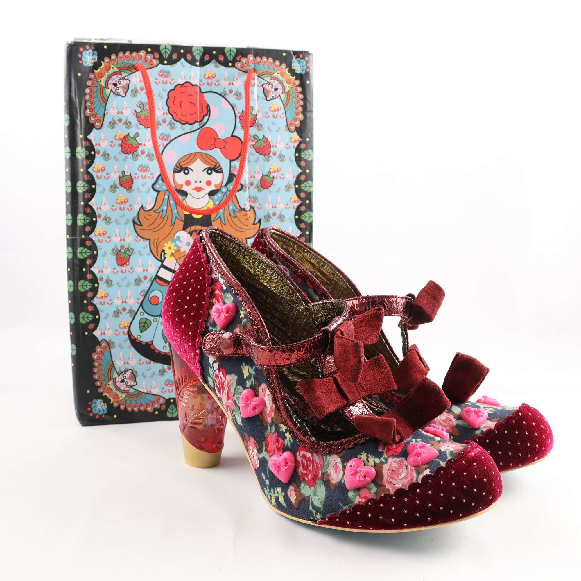 Pumps, Irregular Choice, vinröd, blommig, stl. 43