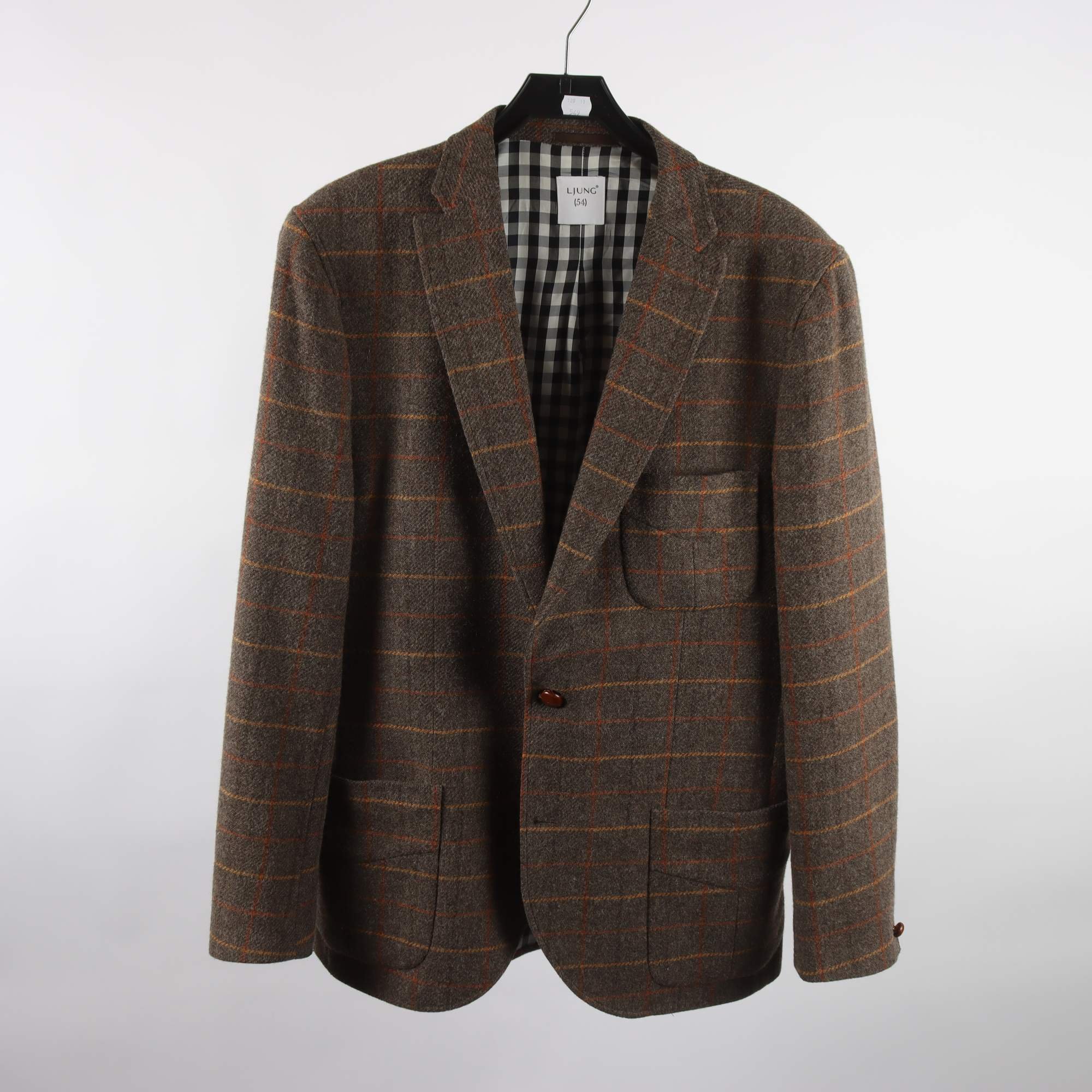 Kavaj, Ljung, rutig, brun, 75% ull, stl. 54.