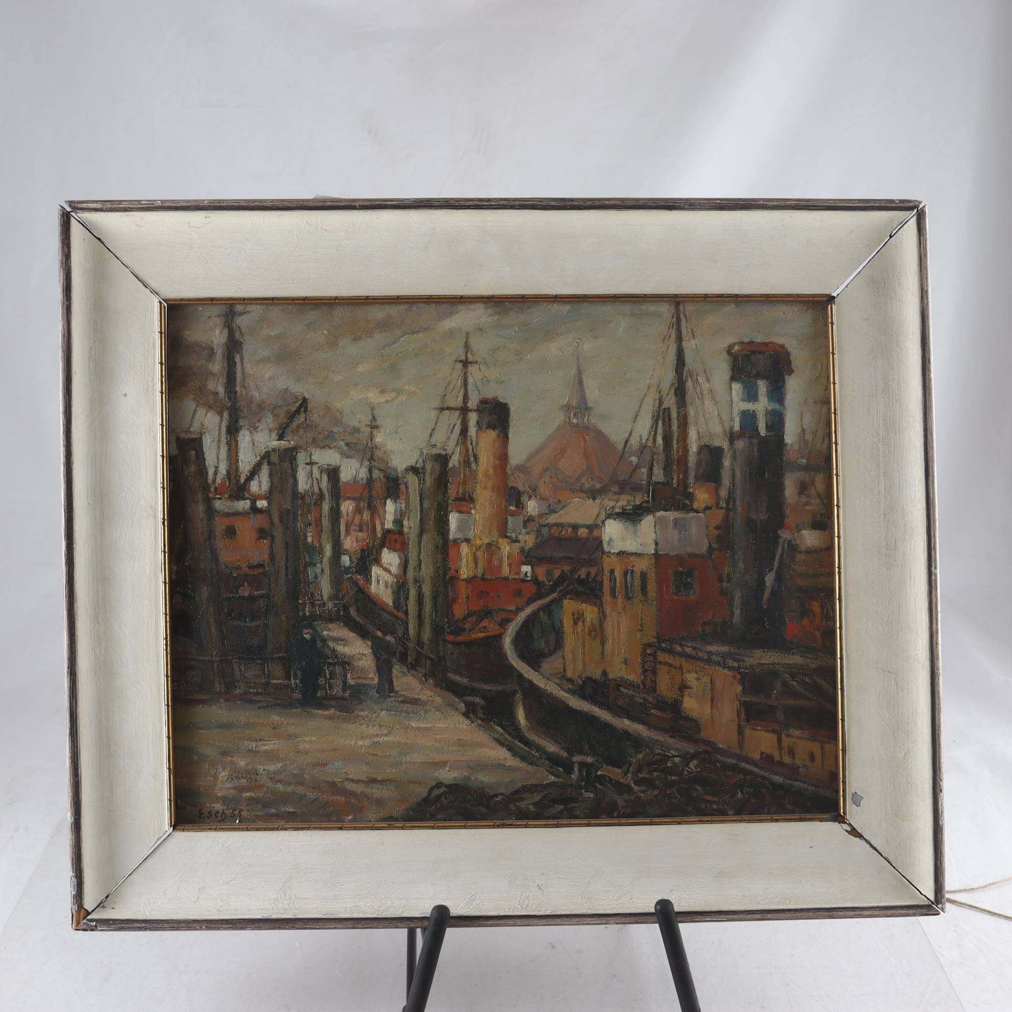 Olja på pannå, hamnmotiv, signerad Esch, 1955. Endast avhämtning.