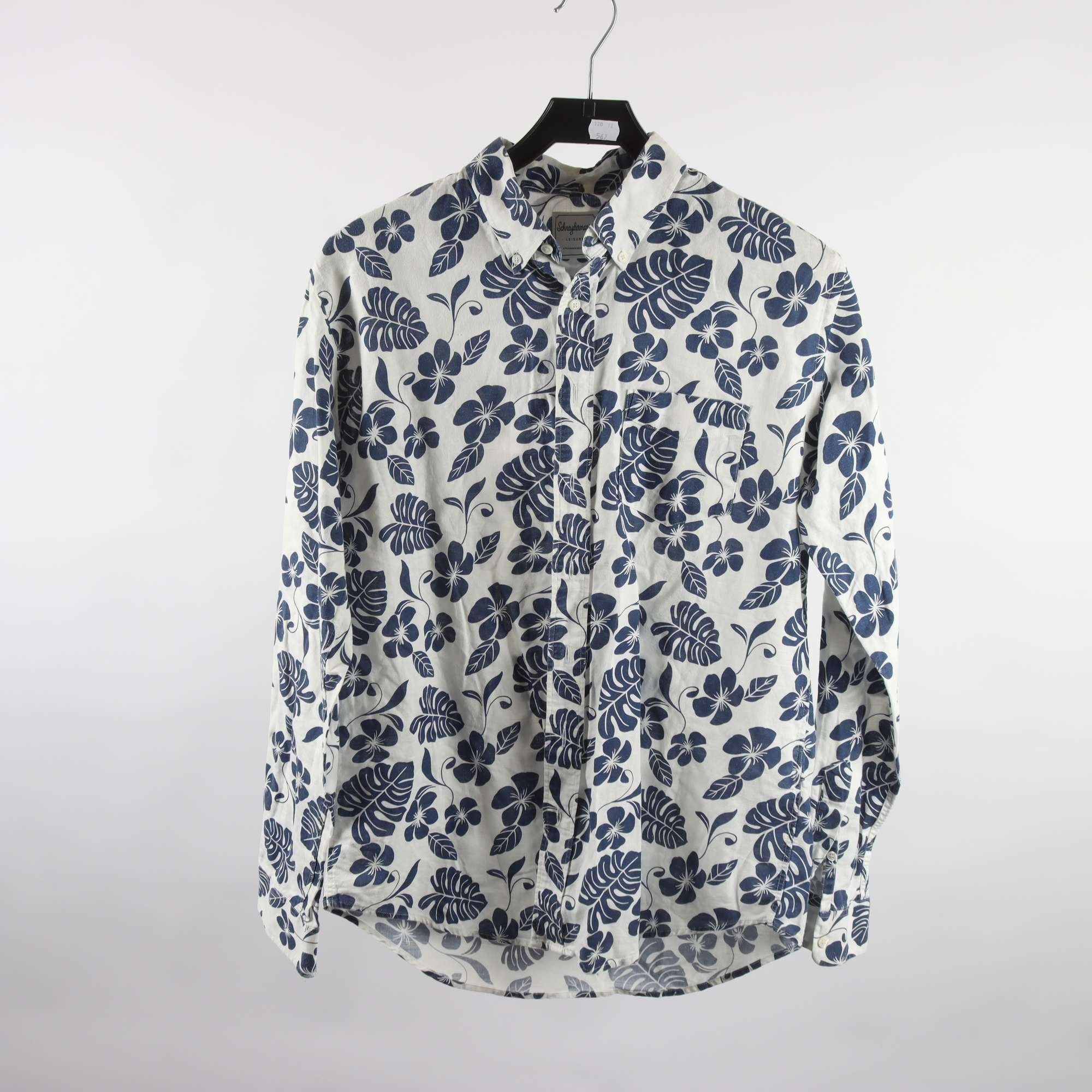 Skjorta, Schnaydermans, blommig, vit, blå, bomull, lin, stl. 39-40.
