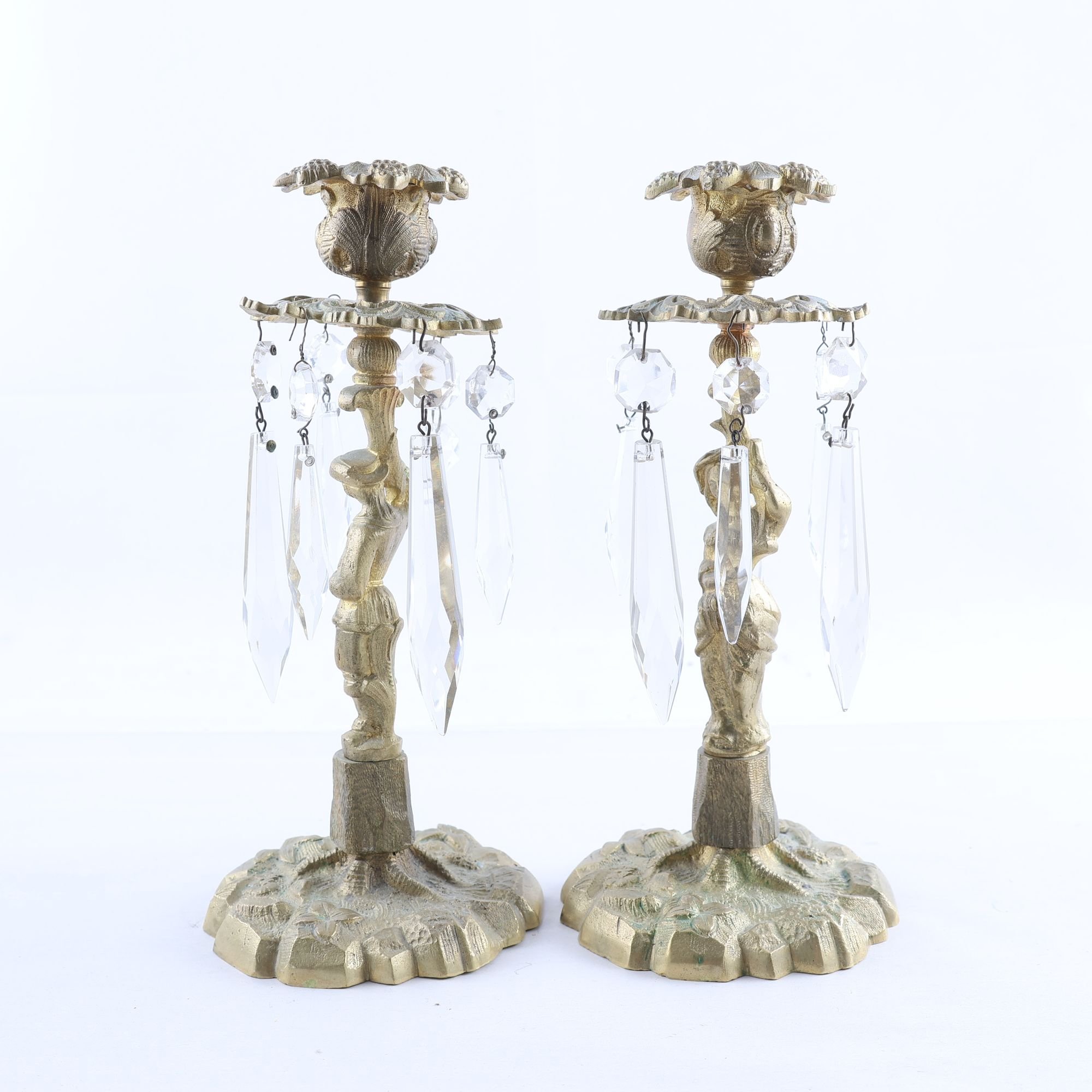 Paret Ljusstakar, Jugend, Art Nouveau, mässing & slipade glasprismor.