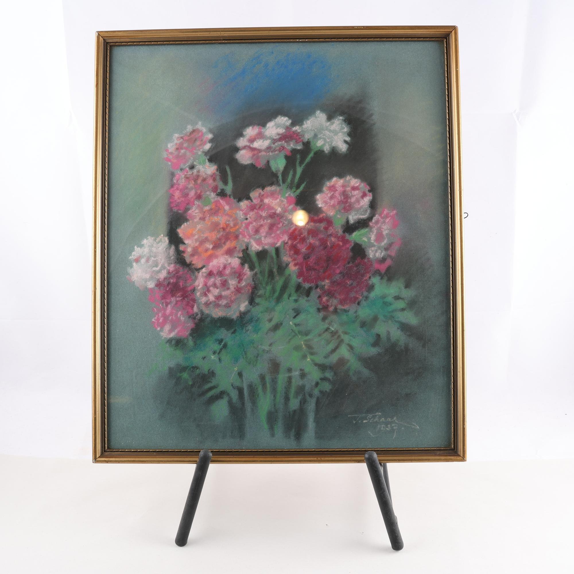 Tavla, Blomstermotiv, 1939, T Schaar, torrpastell. Samfraktas ej.