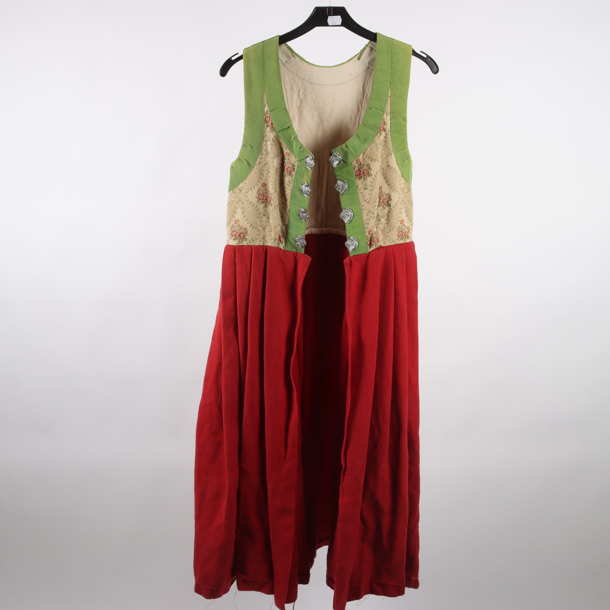 Klänning/folkdräkt, Okänd, grön, röd, ull, stl. ca. XS.