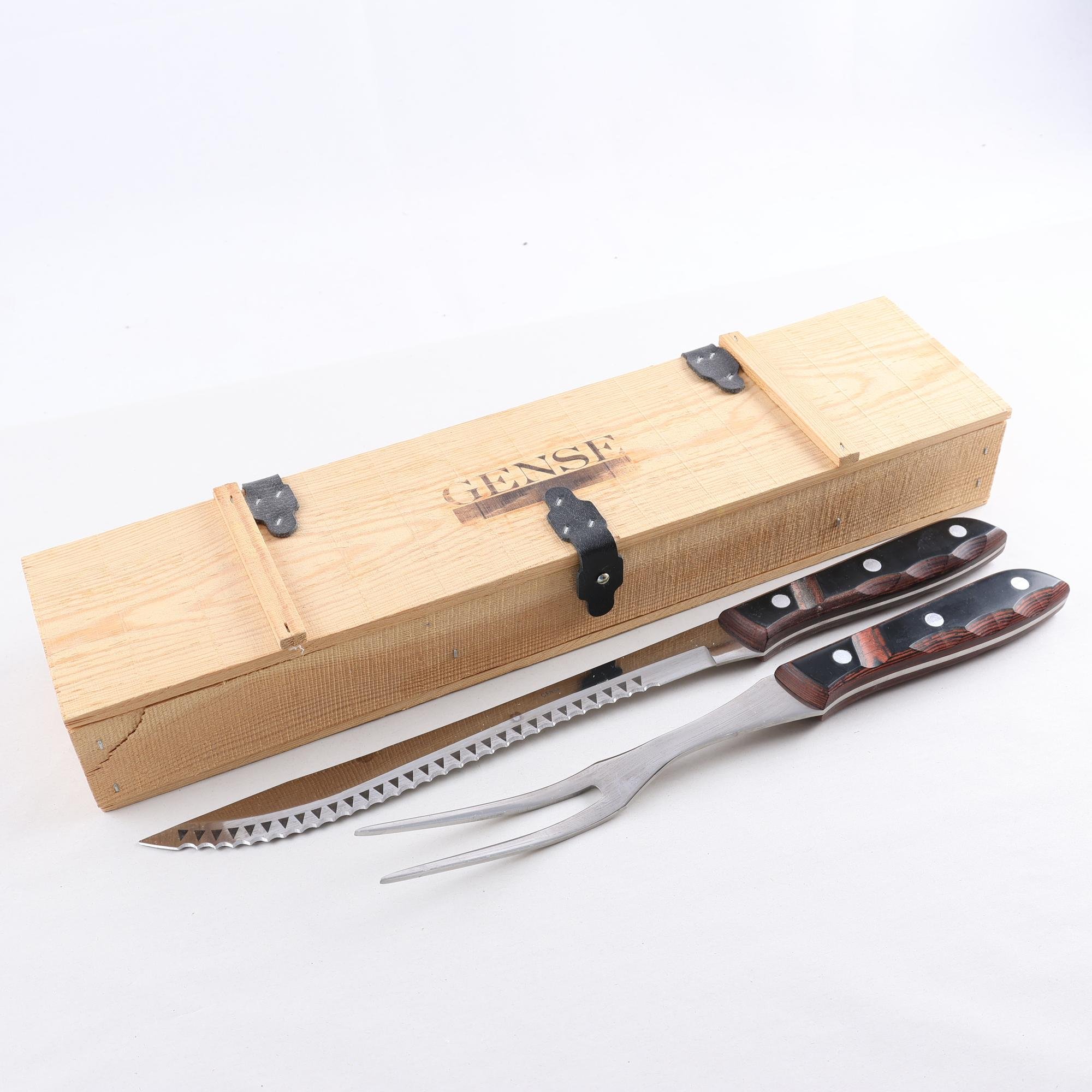 Trancherset, Kniv & stekgaffel, Gense, trä & rostritt stål.