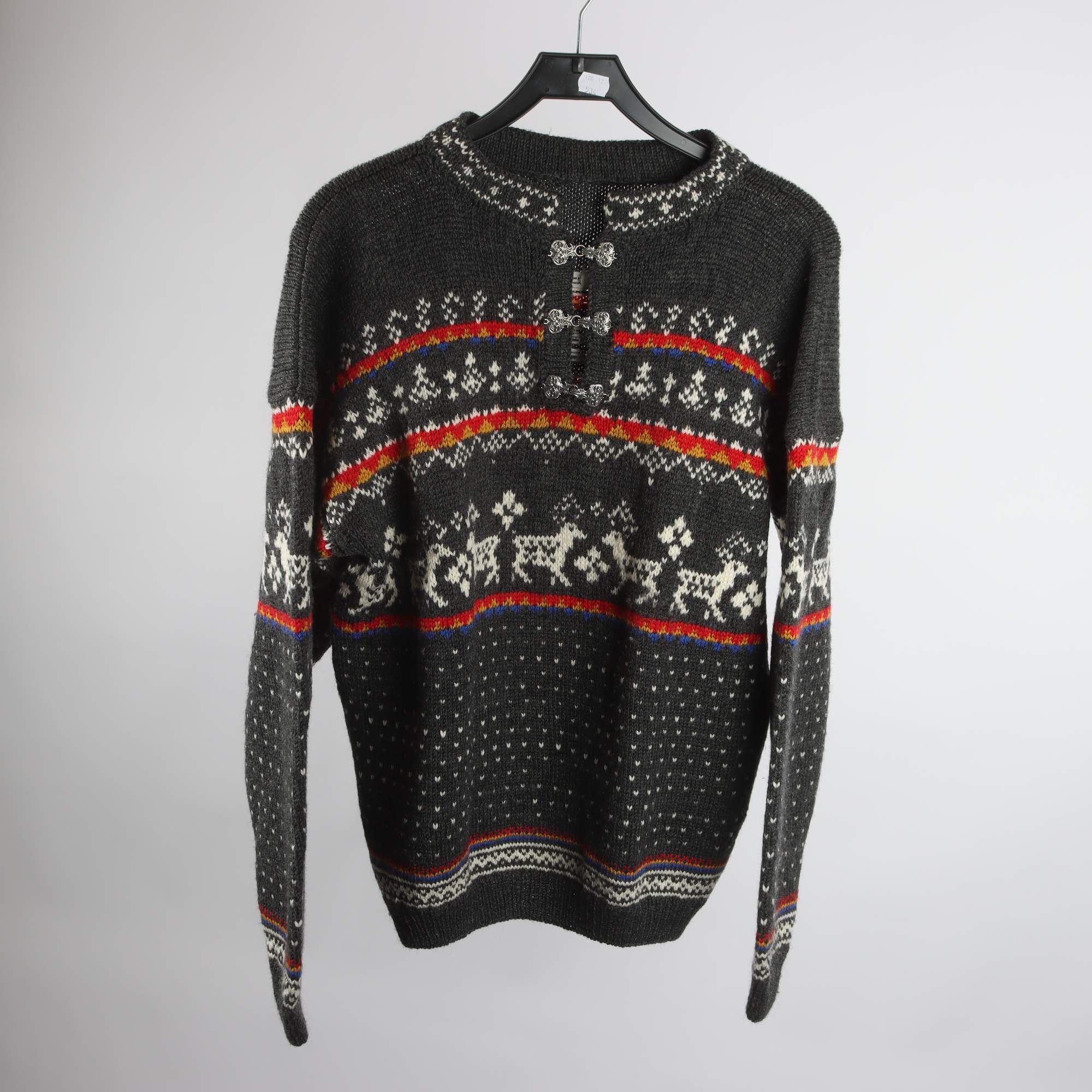 Lusetröja, Okänd, grå, röd, ull, stl. ca. L.