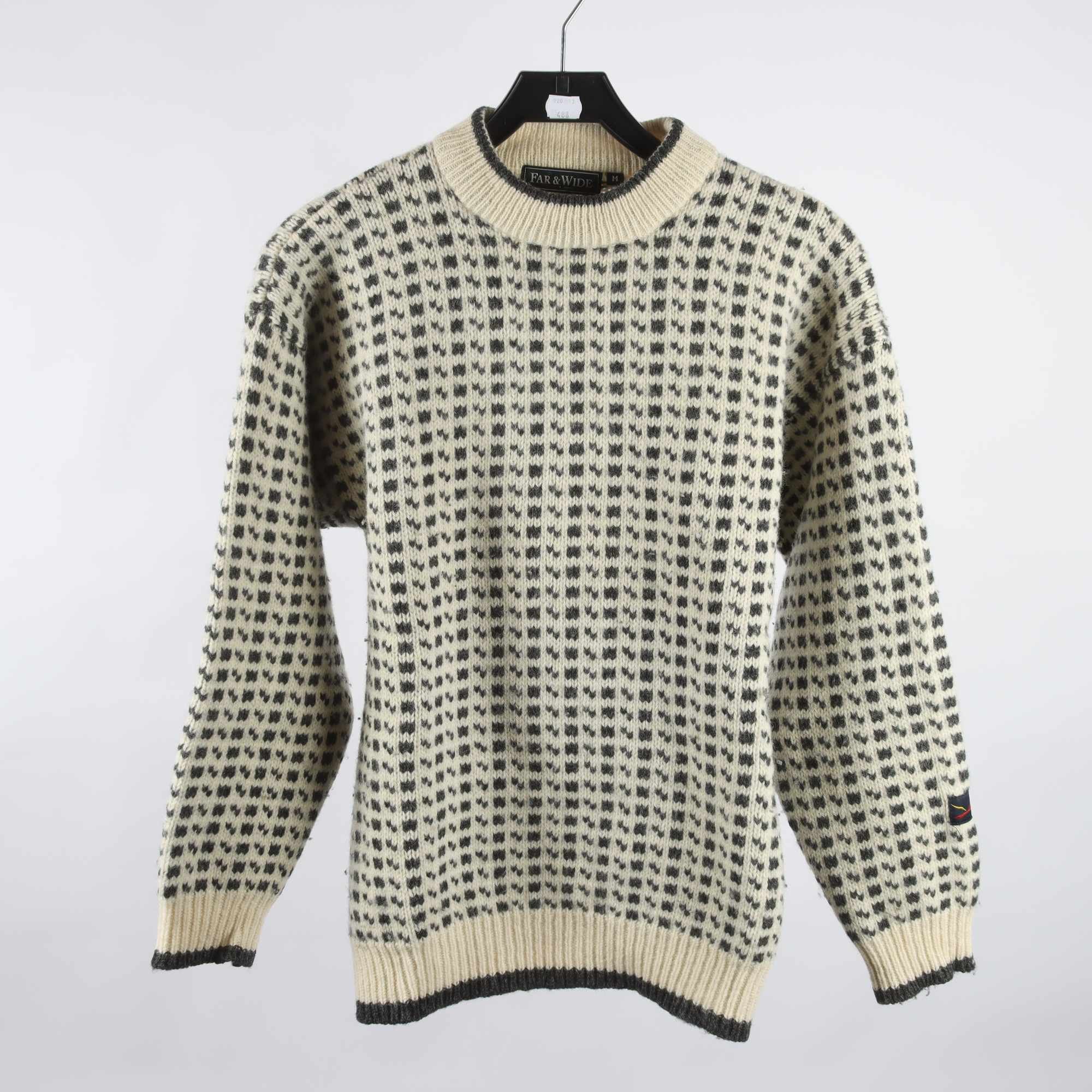 Fiskartröja, Far & Wide, grå, vit, 100% Shetlandsull, stl. M.