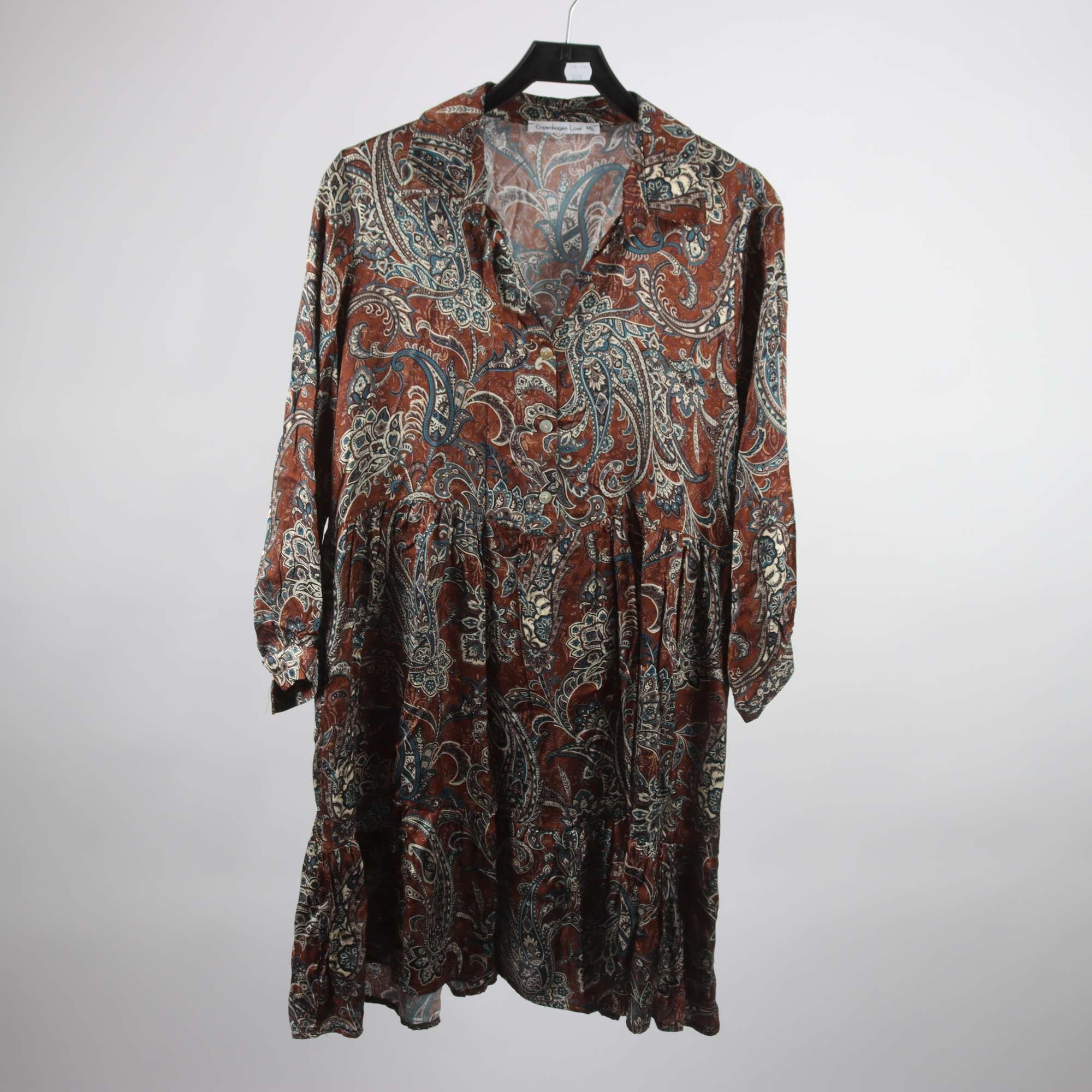 Klänning, Copenhagen Luxe, brun, blå, 70% silke, stl. M/L.