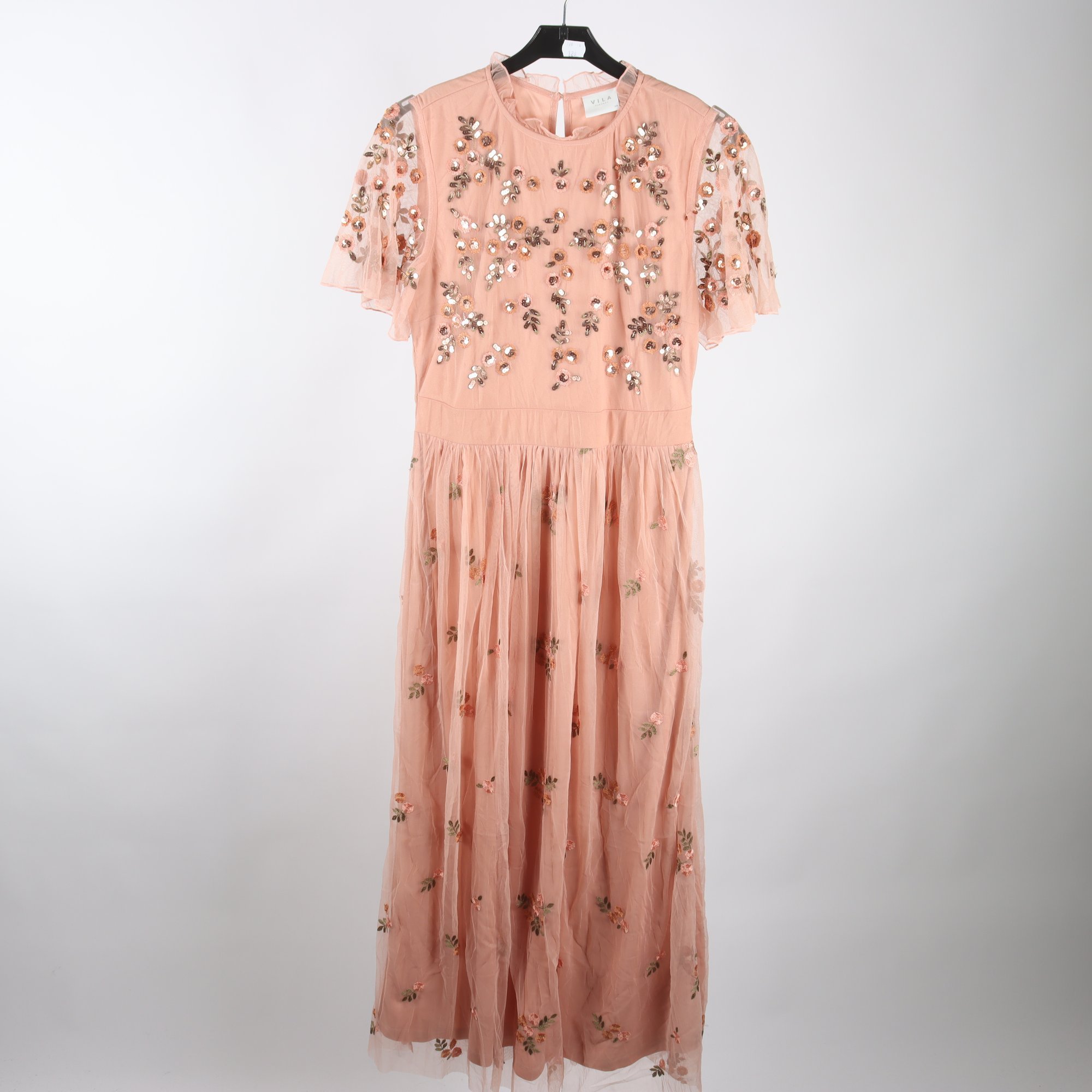 Klänning, Vila, aprikosrosa, paljetter, stl. 38