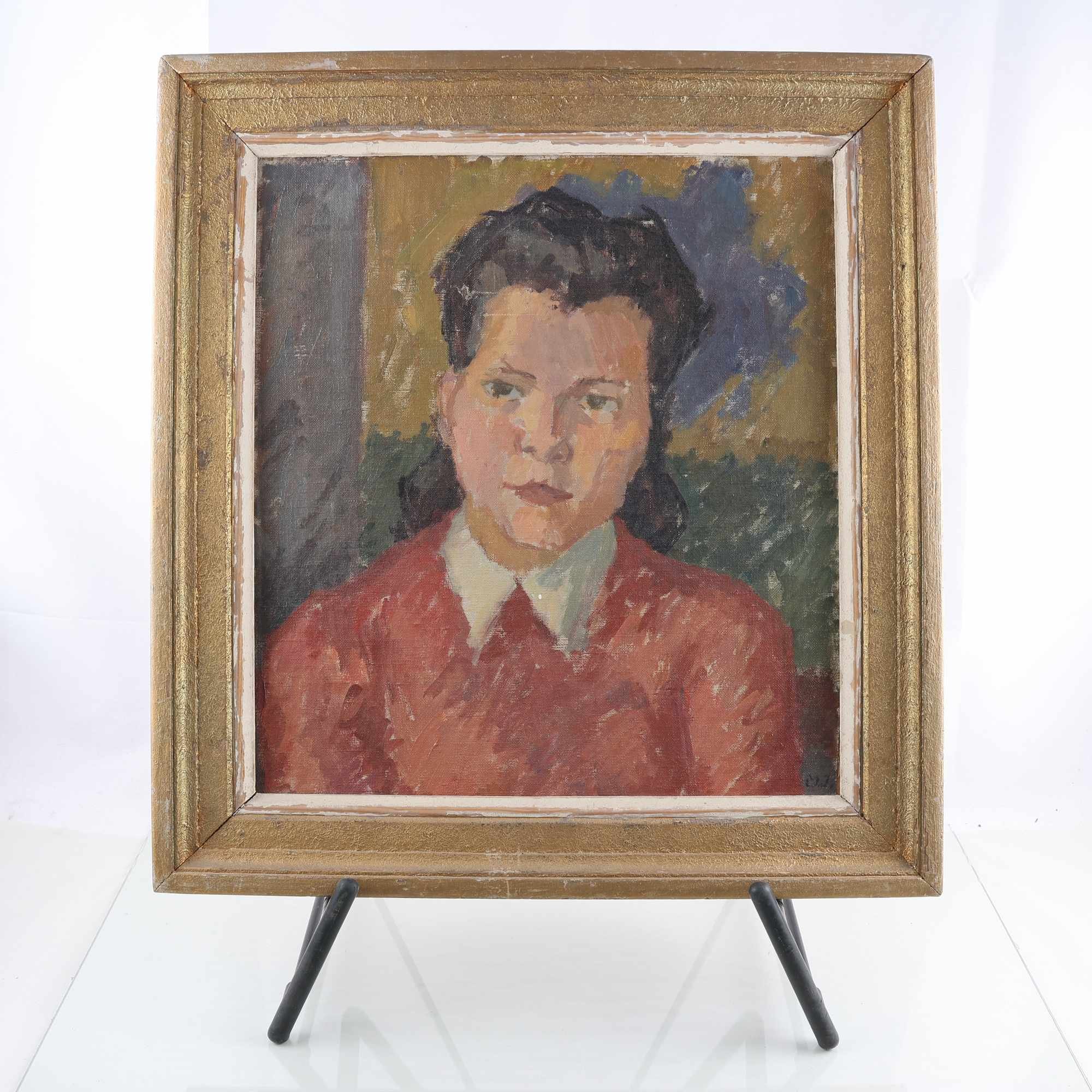 Olja på pannå, porträtt, monogramsignerad M.J. Endast avhämtning