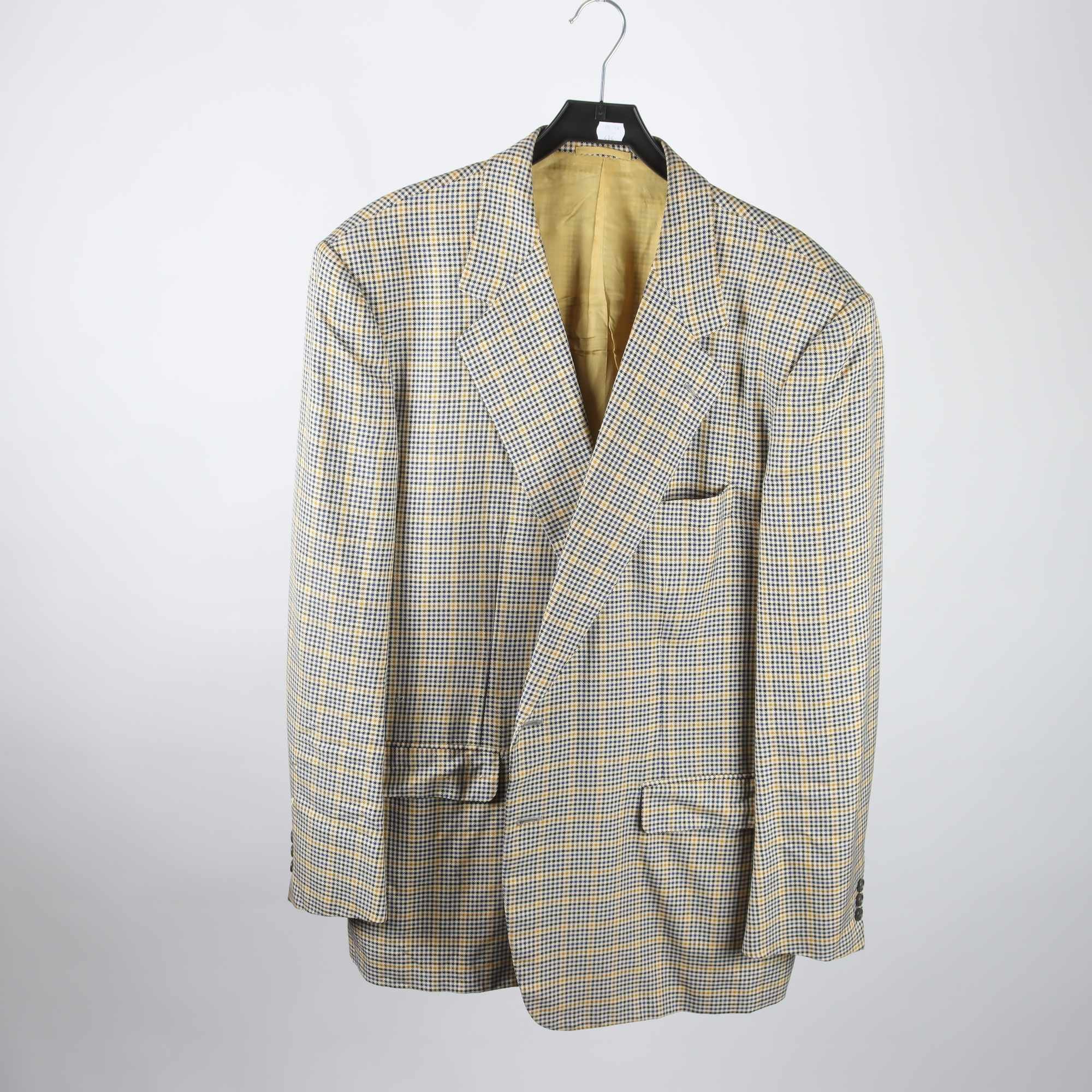 Kavaj, Claude Bonucci, rutig, gul, blå, ull, silke, stl. 60.