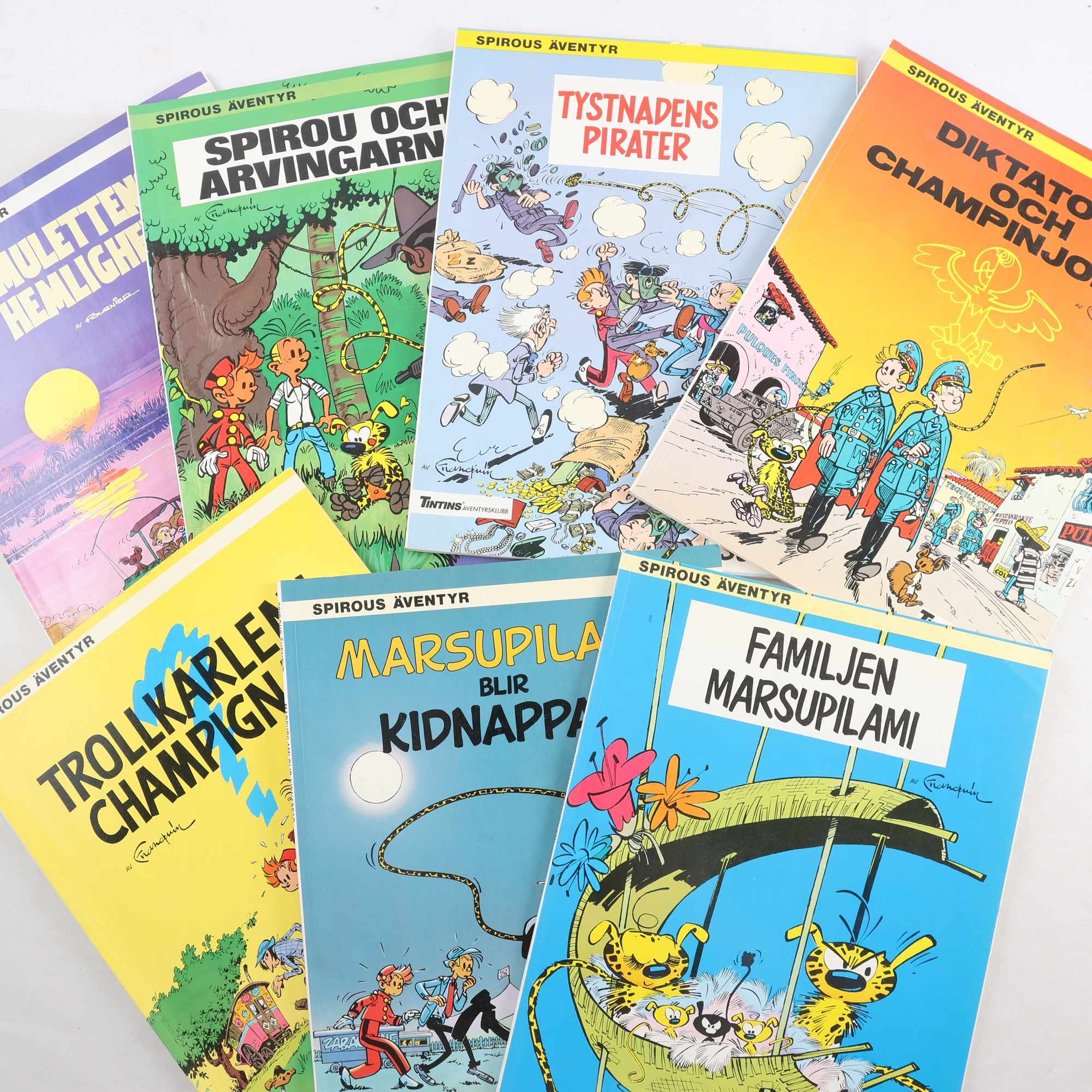 Spirous äventyr, paket med 7 album, tryckta 1980-tal, samfraktas ej.